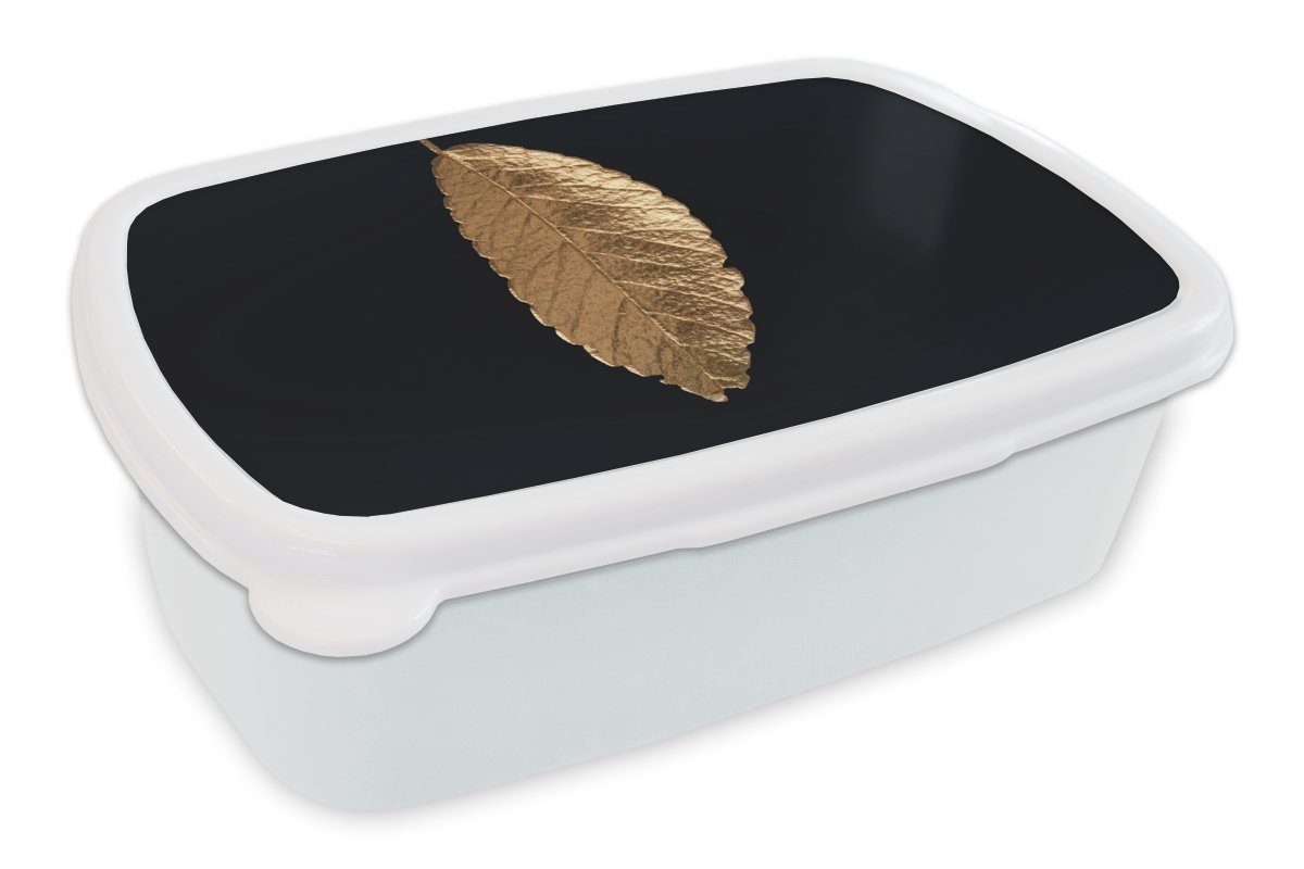 MuchoWow Lunchbox Blätter - Schwarz - Gold - Luxus - Natur, Kunststoff, (2-tlg), Brotbox für Kinder und Erwachsene, Brotdose, für Jungs und Mädchen weiß