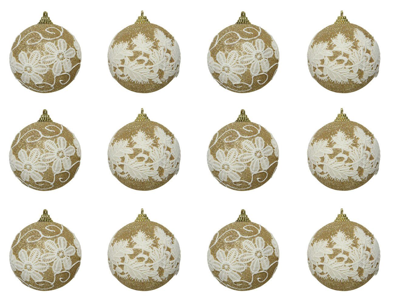 Decoris season decorations Christbaumschmuck, Weihnachtskugeln Kunststoff mit Spitze 8cm champagner / gold, 12er Set