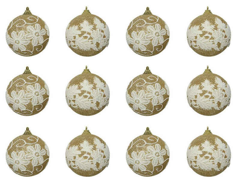 Decoris season decorations Weihnachtsbaumkugel, Weihnachtskugeln Kunststoff mit Spitze 8cm champagner / gold, 12er Set