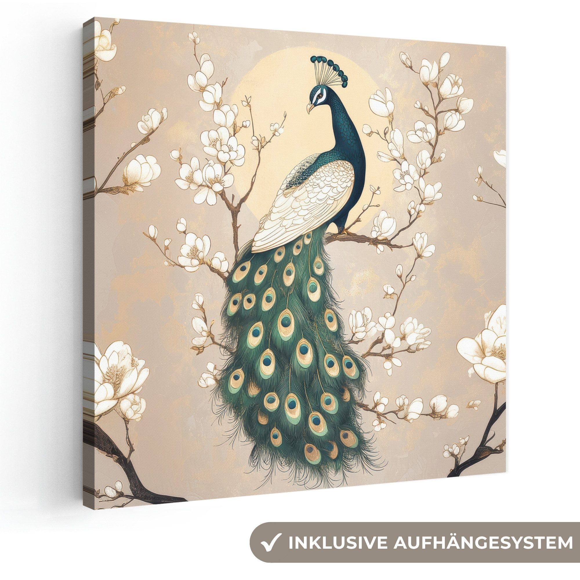 OneMillionCanvasses® Leinwandbild Pfau - Zweig - Blumen, Fotodruck (1 St), Wandbild, Deko Schlafzimmer Wohnzimmer Flur 20x20 cm