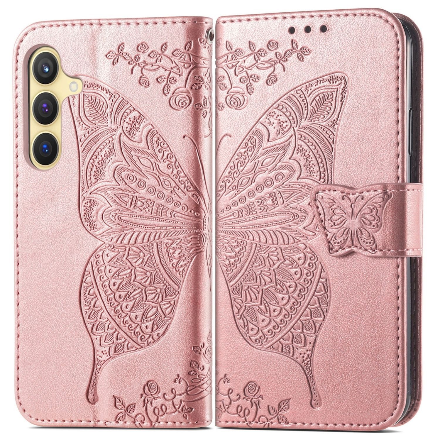 Wigento Smartphone-Hülle Für Samsung Galaxy S25 FE 5G Kunstleder Schmetterling Book Hülle Rosa, Kunst-Leder Schutzhülle Smart Case Cover magnetischer Verschluss