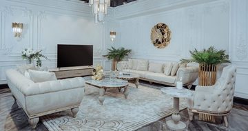 Casa Padrino Couchtisch Luxus Art Deco Couchtisch Grau / Weiß / Gold 160 x 87 x H. 46 cm - Prunkvoller Massivholz Wohnzimmertisch mit Kunstmarmor Tischplatte - Art Deco Möbel