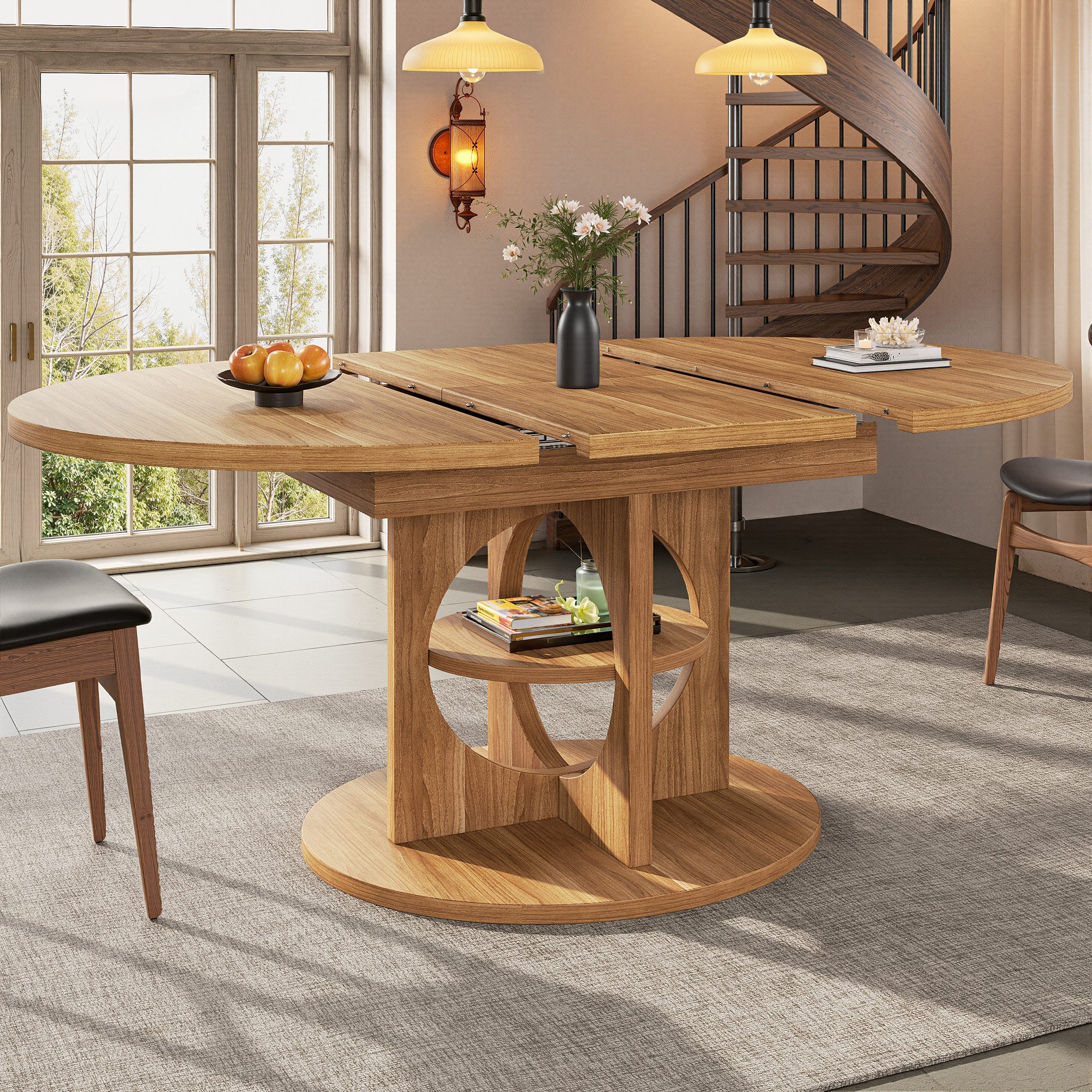 i@home Esstisch Ausziehbarer Esstisch mit Stauraum (1 Tisch), 110–150cm, Holzoptik/Schwarz, belastbar bis 60kg, rund zu oval
