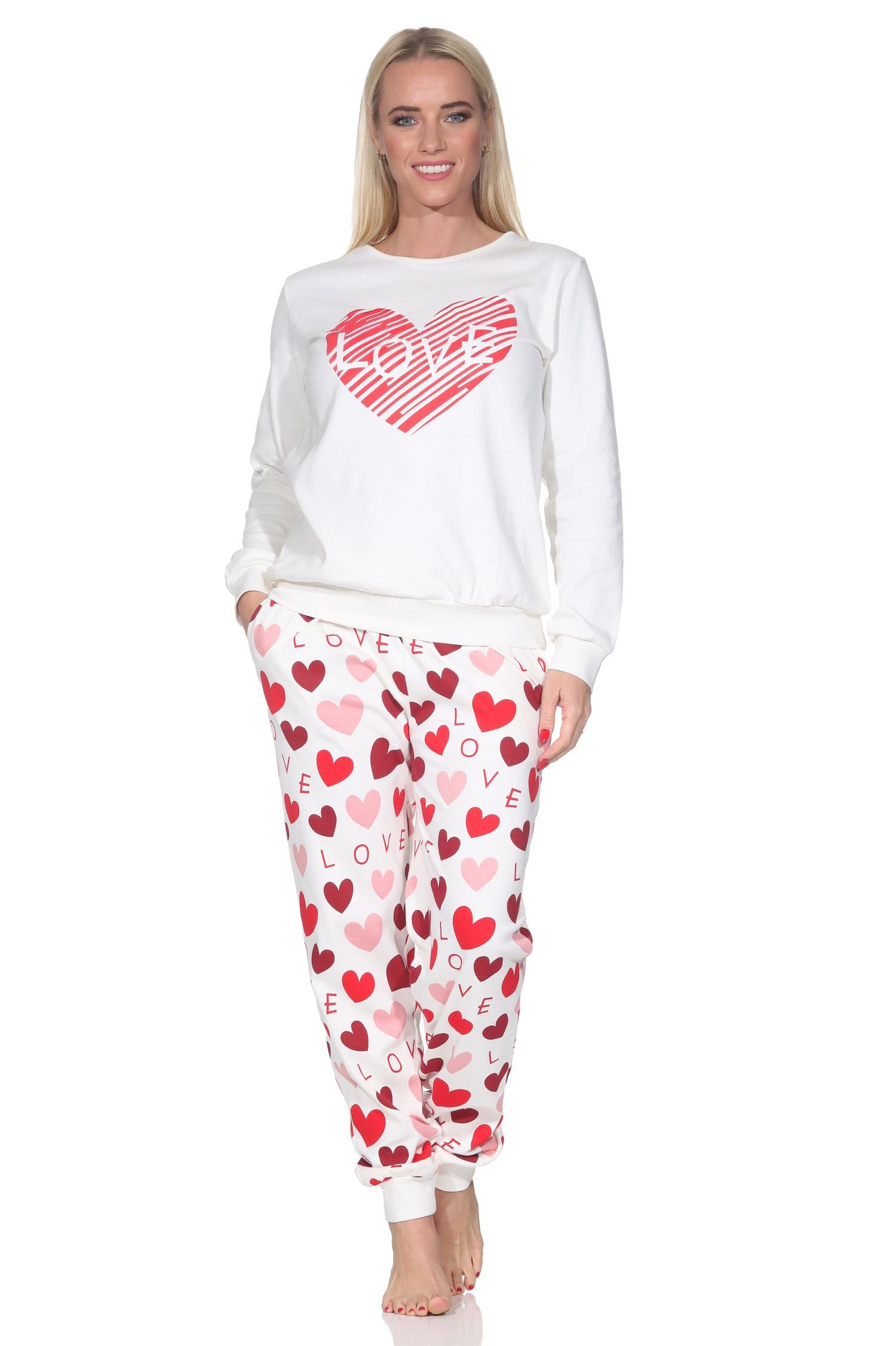 Normann Pyjama Kuscheliger Damen Schlafanzug lang mit Bündchen und Herz Motiv