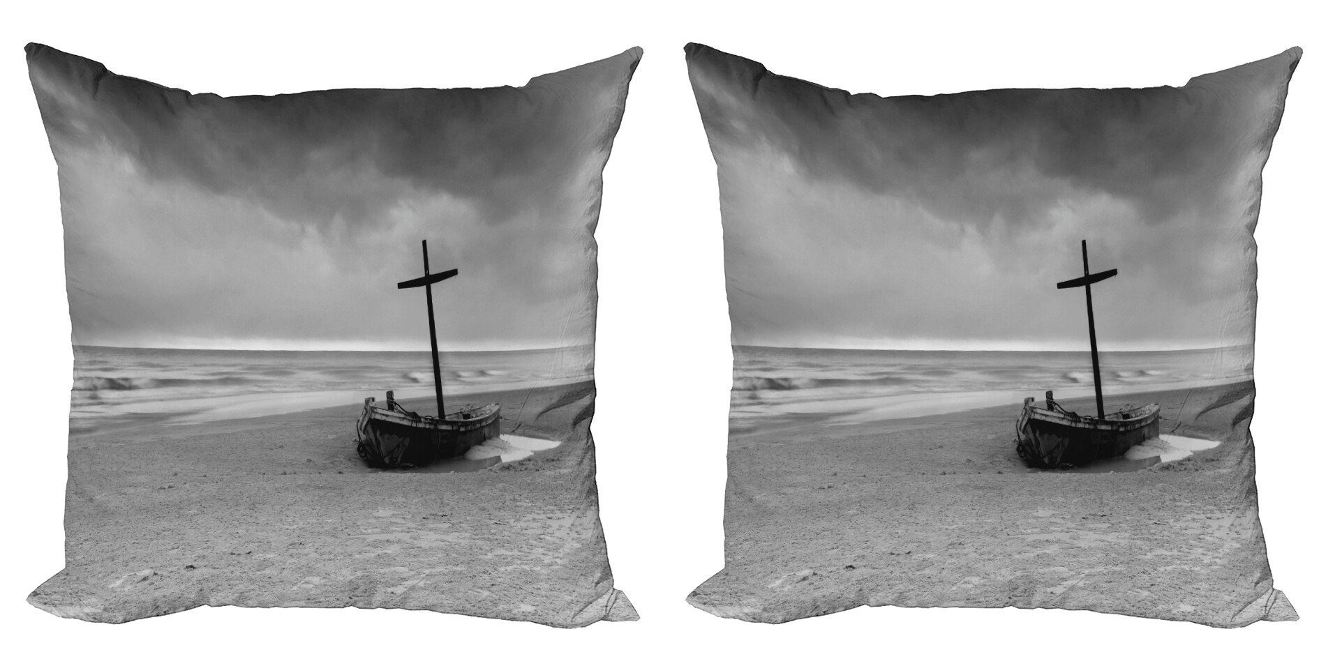 Kissenbezüge Modern Accent Doppelseitiger Digitaldruck, Abakuhaus (2 Stück), Grau Wrack Boot auf dem Strand