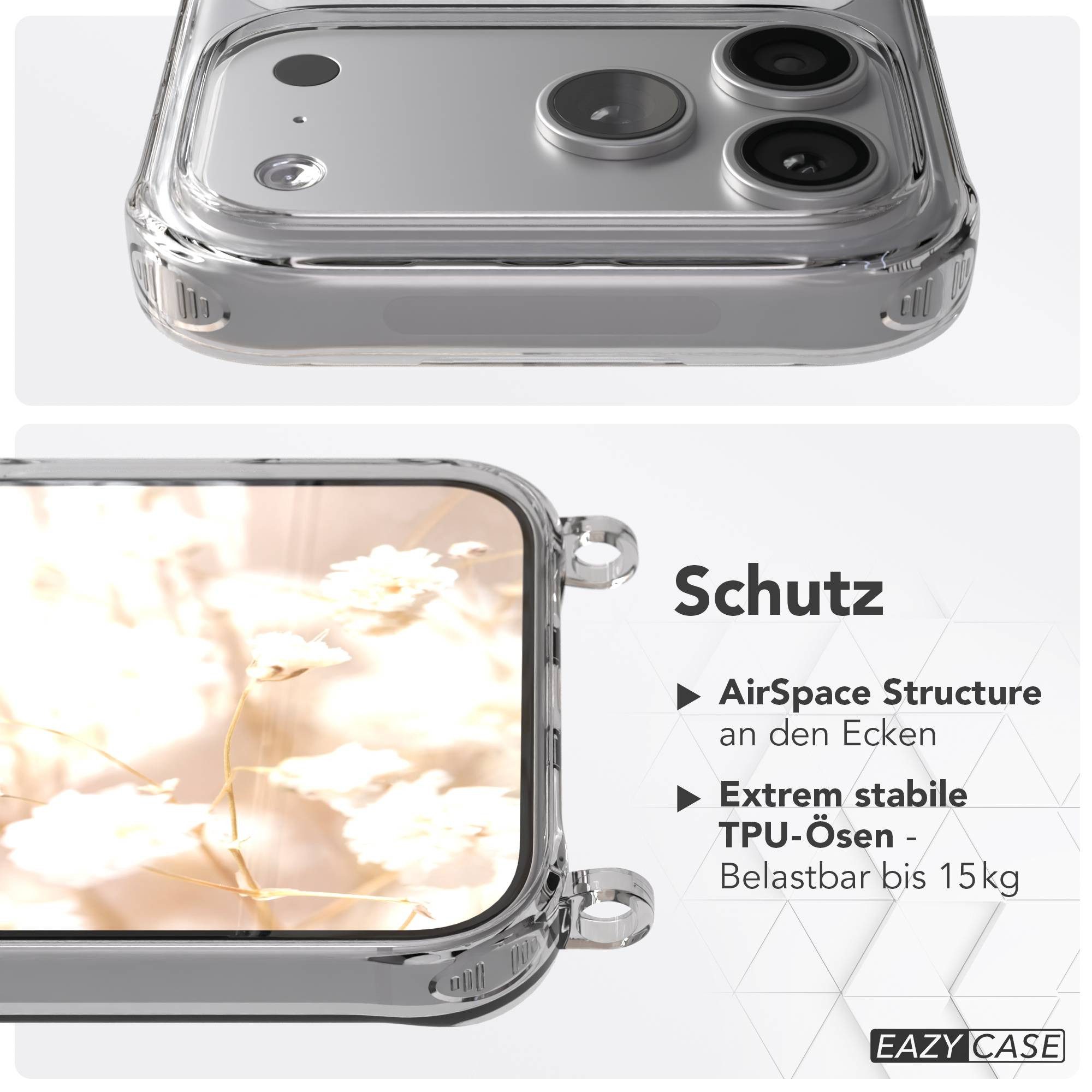 EAZY CASE Handykette Hülle mit Kette für Apple iPhone 17 Pro Max 6,9 Zoll, Handykette zum Umhängen Hülle mit Kordel Rundes Band Grau Schwarz – Bild 5 von 5