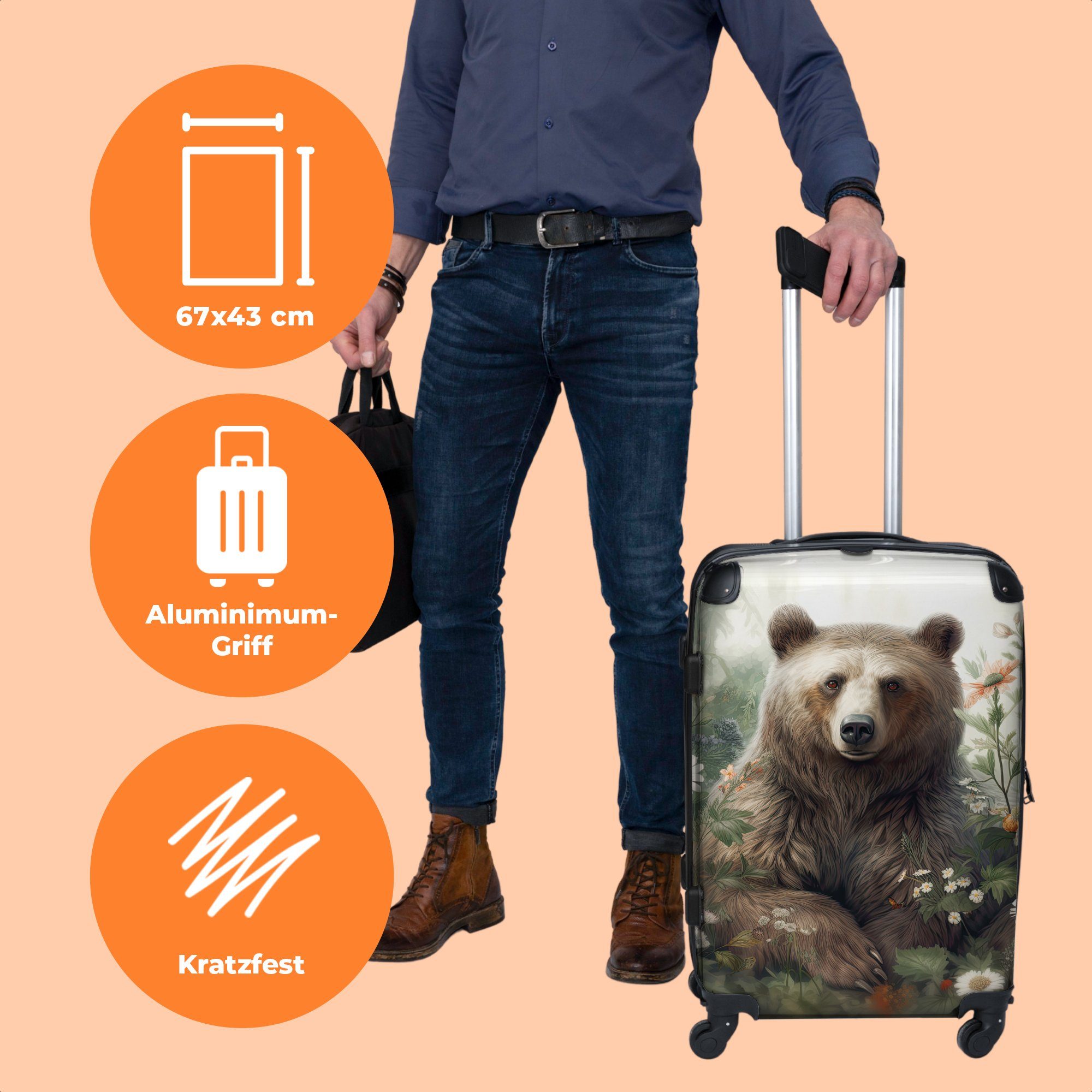 NoBoringSuitcases.com© Koffer 4 Aufgabegepäck Wildtiere Reisekoffer Trolley 67x43x25cm Blumen Große - mit 4 Rollen, - Braunbär - Rollkoffer - Pflanzen, Rollen