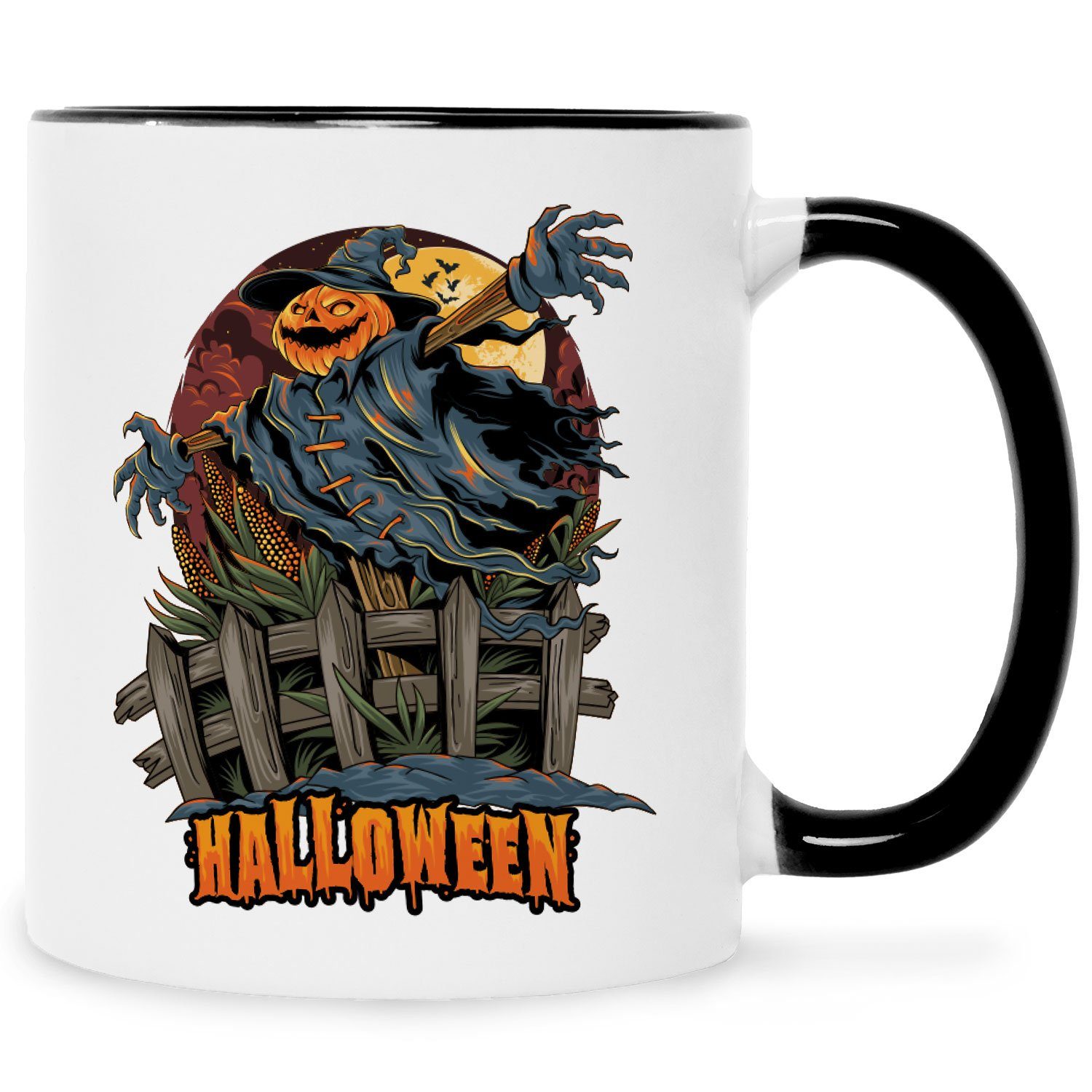 GRAVURZEILE Tasse mit Motiv - Vogelscheuchen Design - Schaurige Geschenke zu Halloween Schwarz Weiß V2