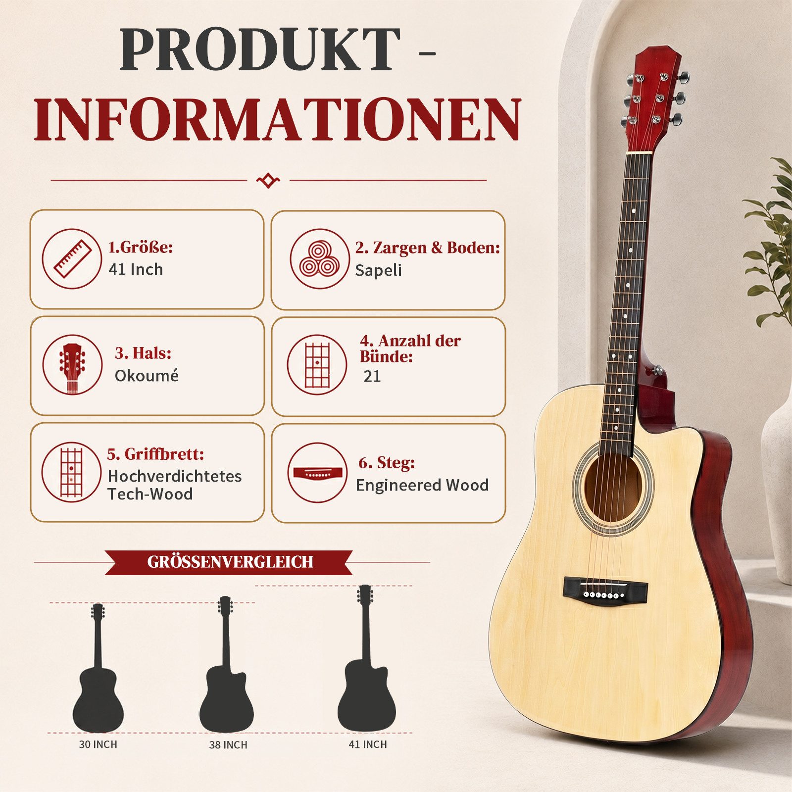 LALAHO Akustikgitarre 41 Inch Hartholz Cutaway mit Griffbrett,Konzertgitarre Westerngitarren, Set inkl. Tasche, Ersatzsaiten, Gurt und Plektren – Bild 4 von 5