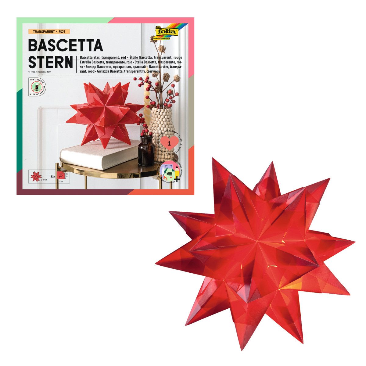 Folia Max Bringmann KG Bilderrahmen zum Basteln folia Bastelset Bascetta Stern Ø20cm 115g/m² rot 15x15cm 32 Blatt