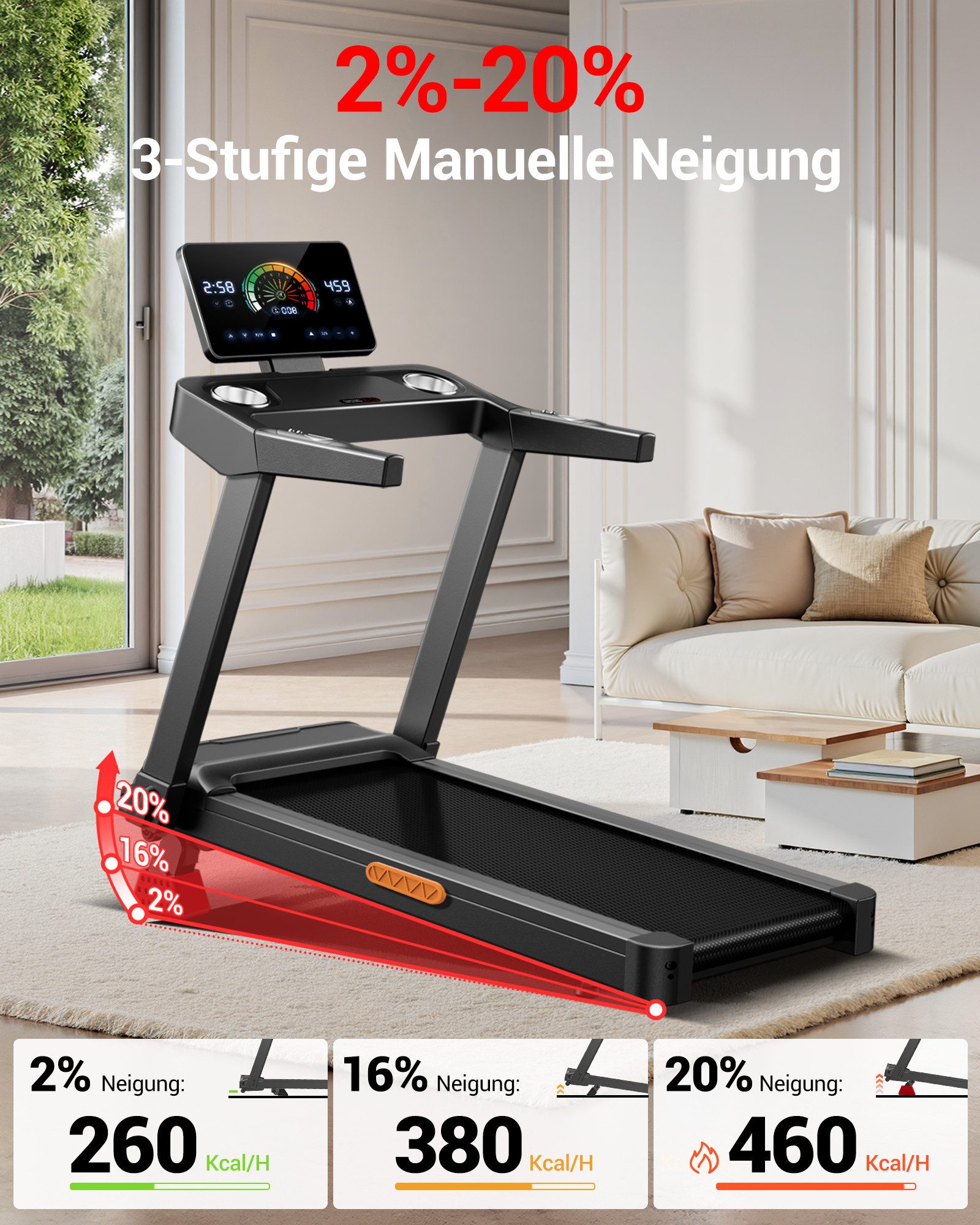 LONTEK Laufband für Zuhause mit Steigung 20%, 14KM/H (1-tlg), 3,5-PS-Motor, Max Belastung 180KG