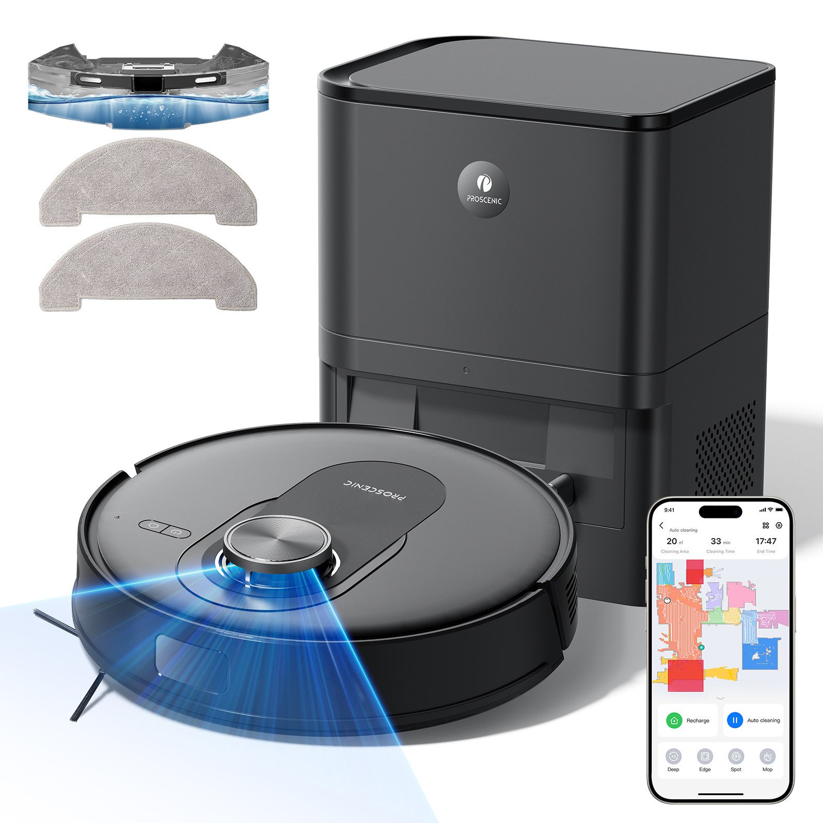 Proscenic Вакуумный робот Q8 MAX mit Wischfunktion 6000Pa Saugleistung, 200 min, mit Beutel, Intelligentes Laser Navigation mit 5 Karten, APP Alexa Google Siri