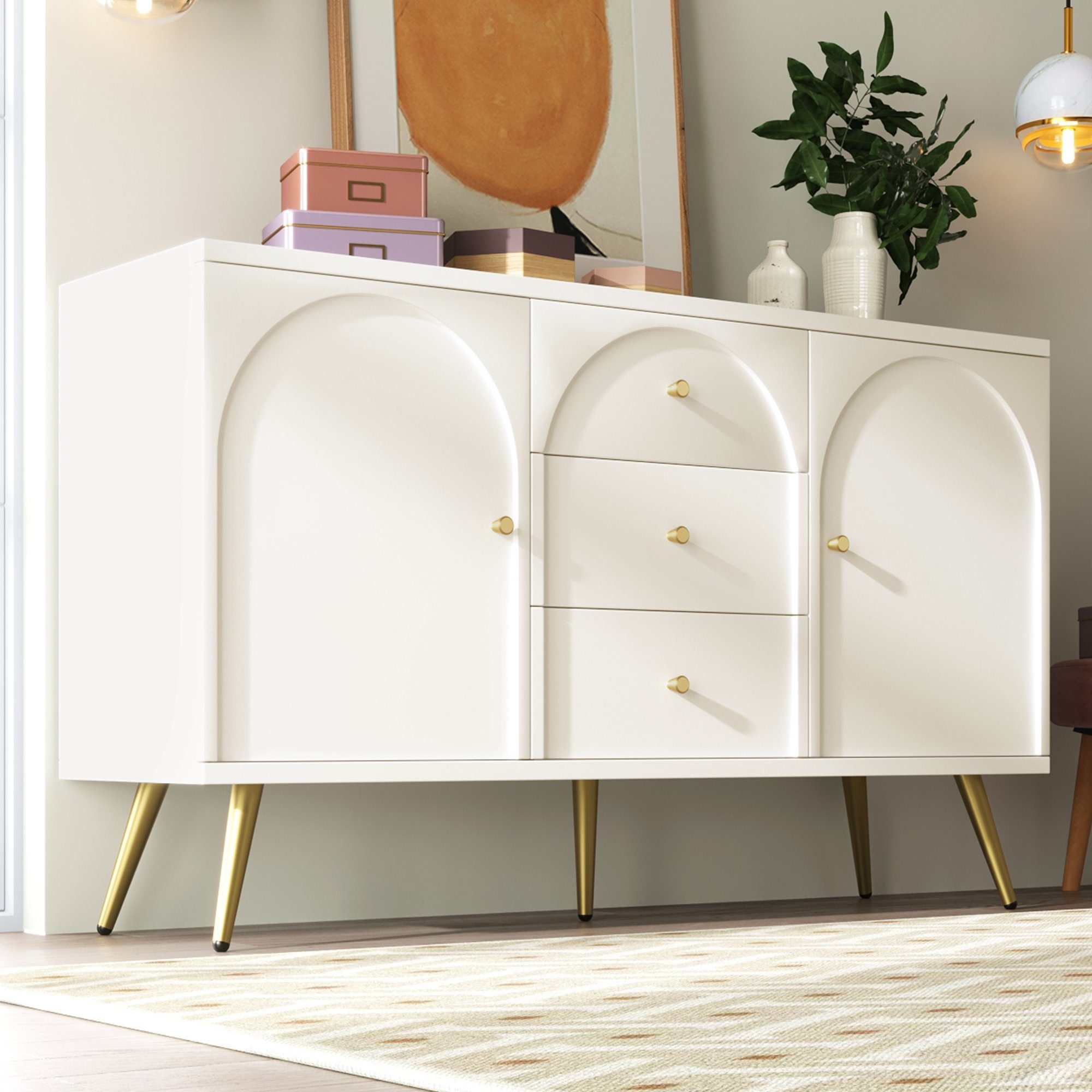 Flieks Kommode, Sideboard Schubladenkommode mit 2 Türen und 3 Schubladen 140x40x84cm