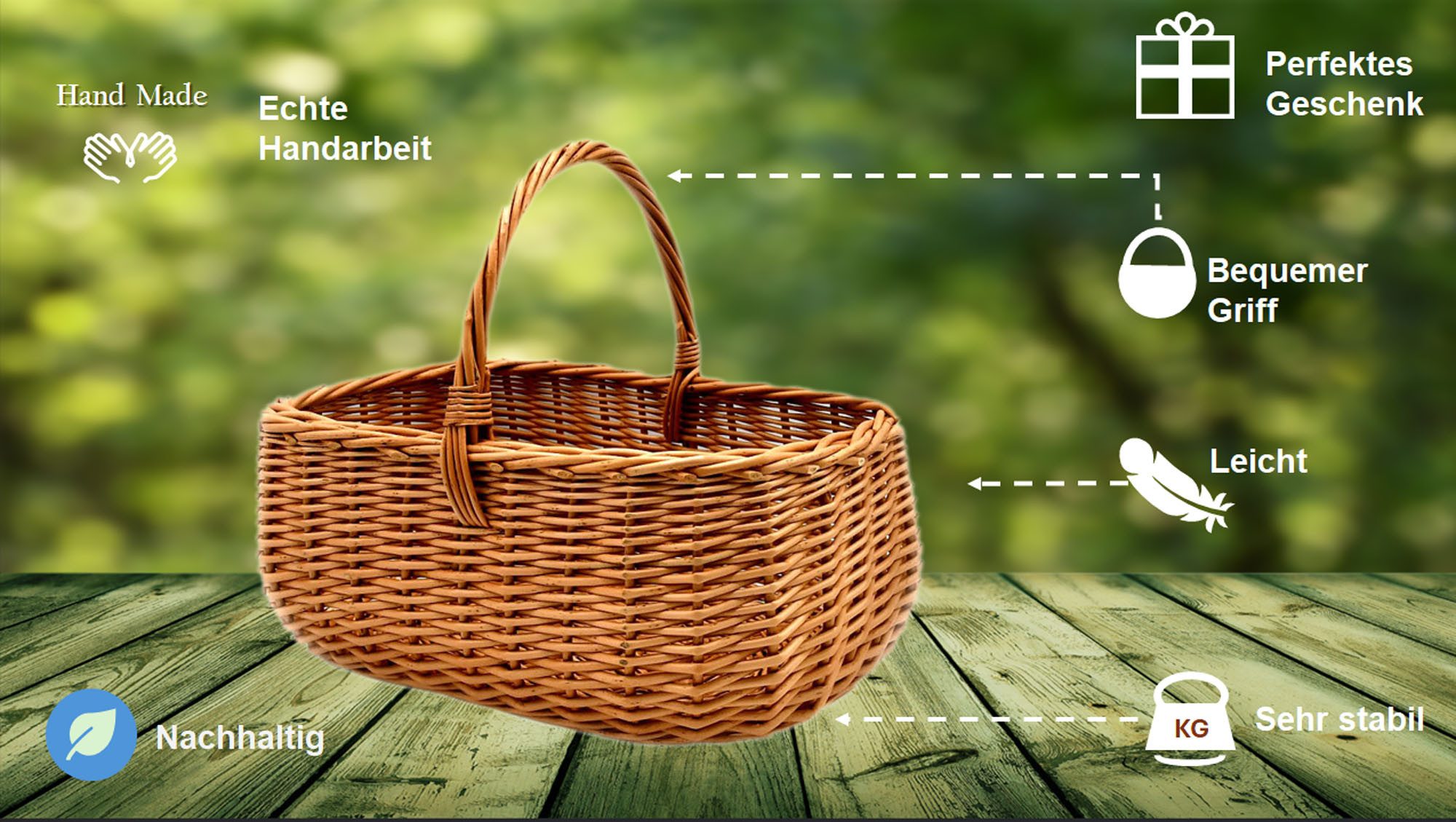 MyBer® Einkaufskorb Korb Weidenkorb Picknickkorb 33/23/13cm Handarbeit, Stabiler Tragekorb aus Weide Vollweide. Bezug ist blau-weiß kariert