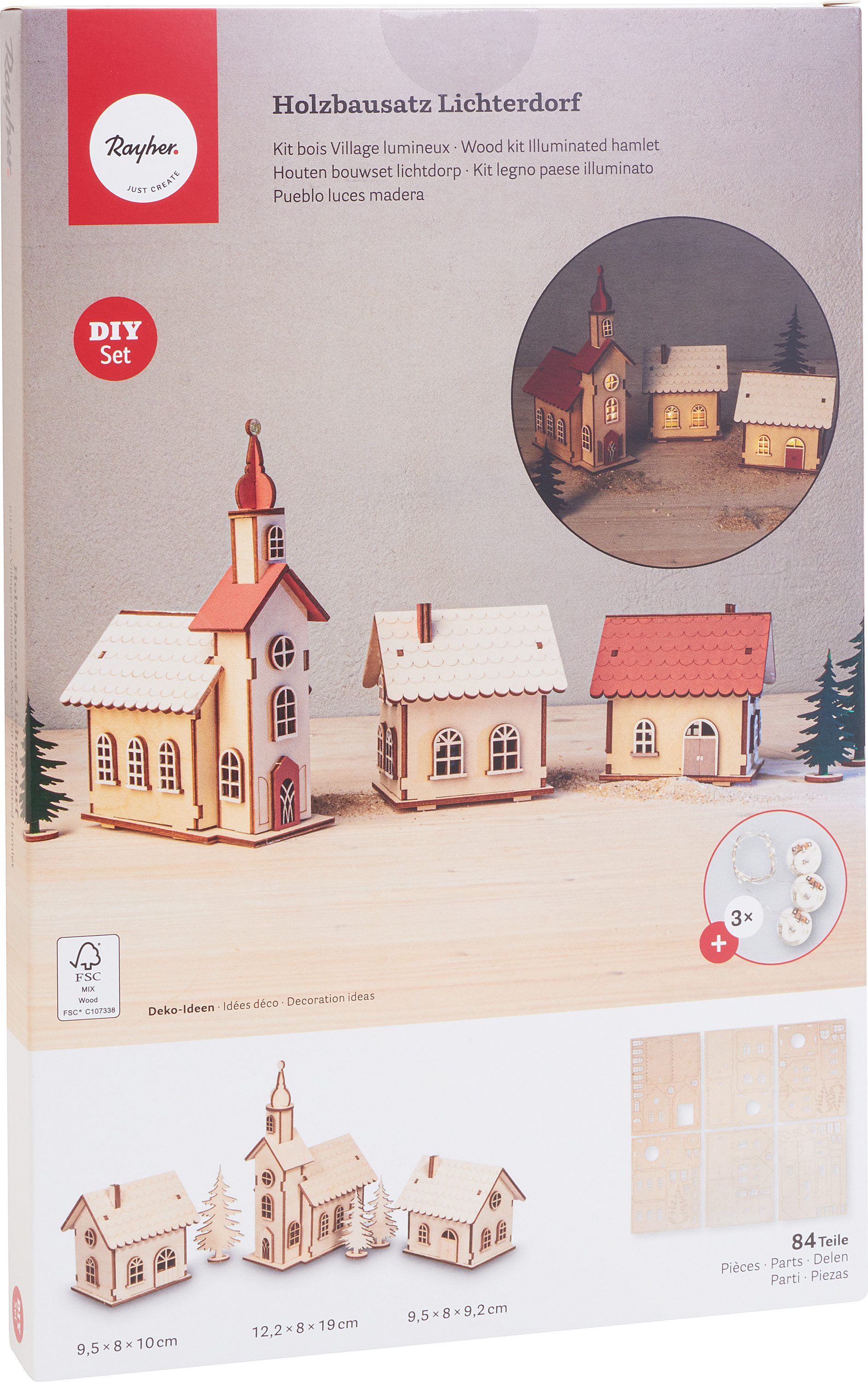Rayher Modellbausatz Holzbausatz-Lichterdorf, (84-tlg), 84-tlg., inkl. 3 LED Lichterketten