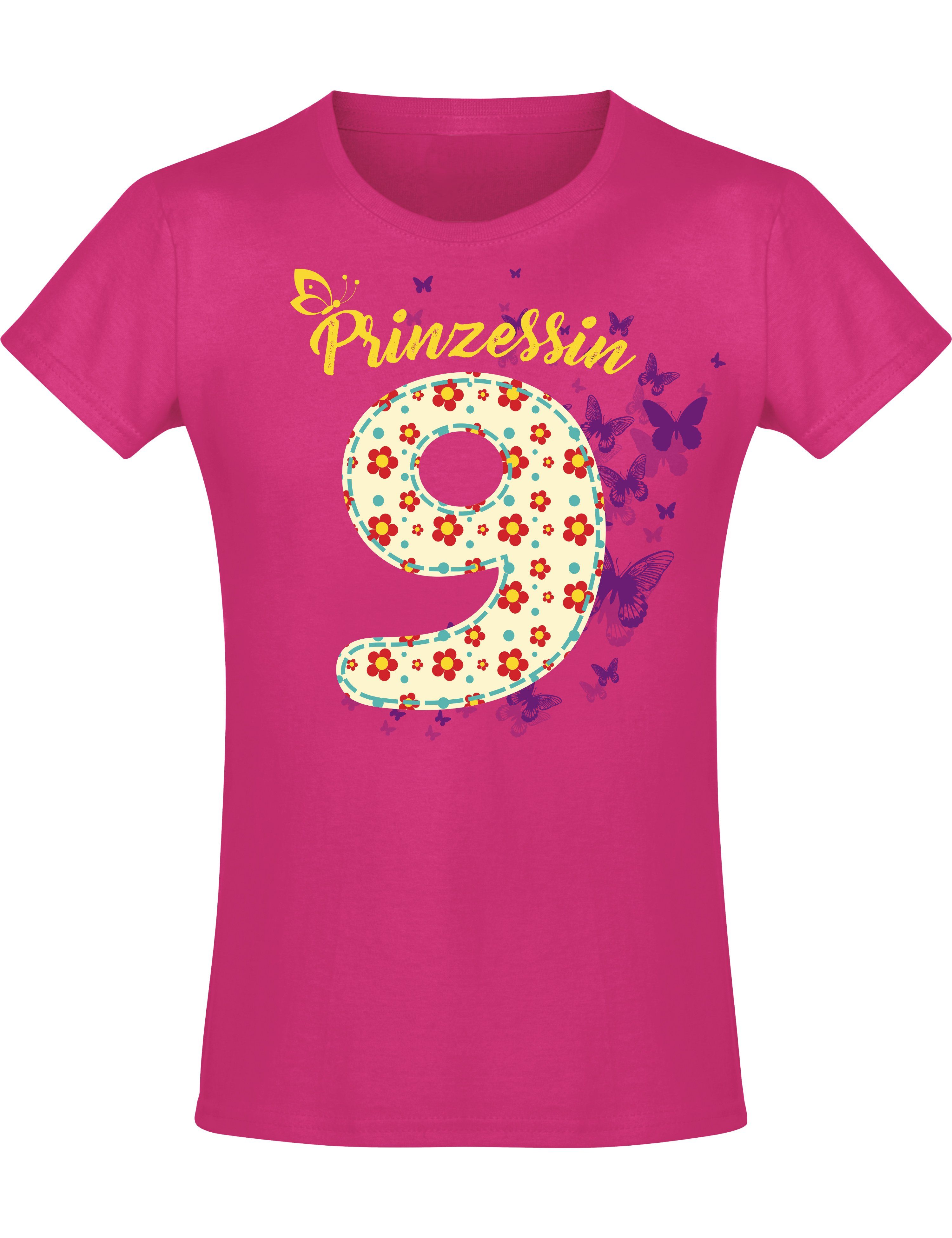 Baddery Print-Shirt Geburstagsgeschenk für Mädchen : 9 Jahre mit Blumen, hochwertiger Siebdruck, aus Baumwolle