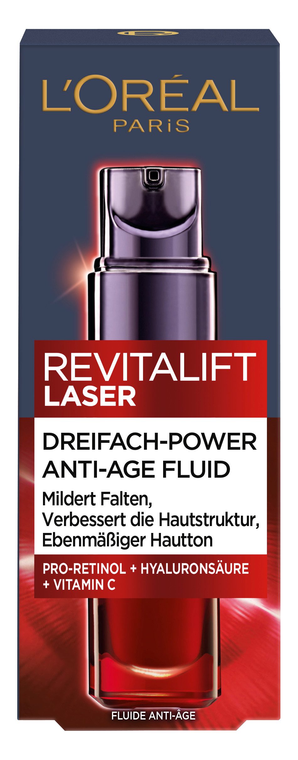 L'ORÉAL PARIS Gesichtsserum REVITALIFT LASER DREIFACH-POWER ANTI-AGE FLUID, sichtbar jüngere Haut, mildert Falten, Straffungs-Effekt