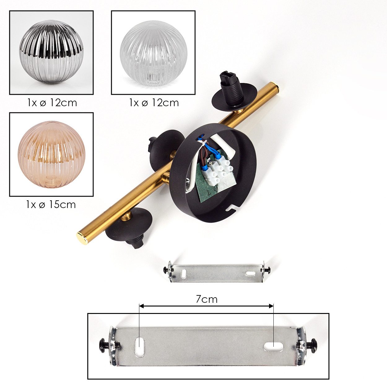 hofstein Deckenleuchte Deckenlampe aus Metall/Riffelglas in Schwarz/Gold/Rauch/Bernstein/Klar, ohne Leuchtmittel, Deckenleuchte im modernen Vintage-Design (Schirme Ø 12; 15 cm), 3 x G9