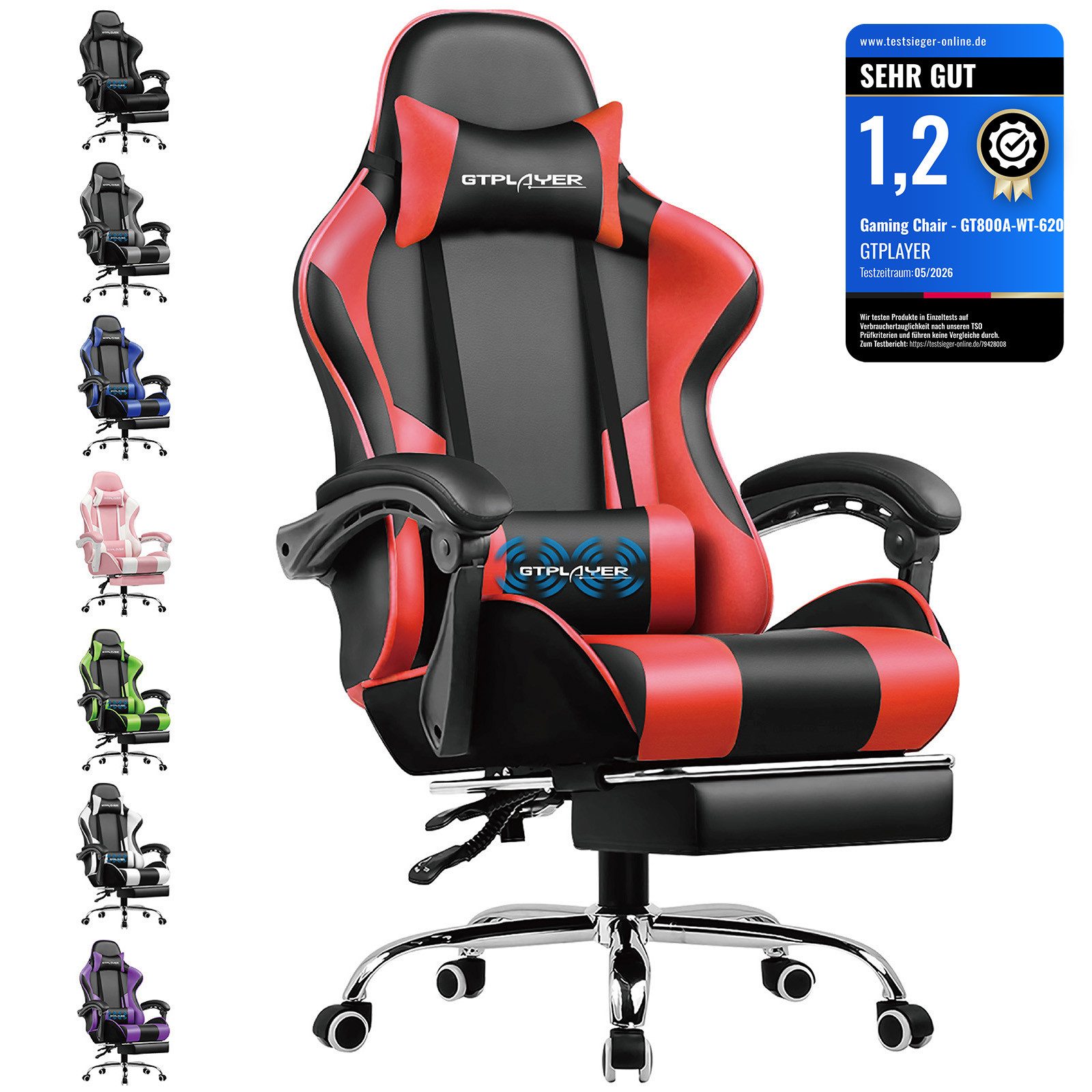 GTPLAYER Gaming-Stuhl Bürostuhl mit Massagefunktion, Fußstütze, Kopfstütze (Packung), Ergonomischer Gamer Stuhl Maximale Belastung 150 kg, 360° drehbar