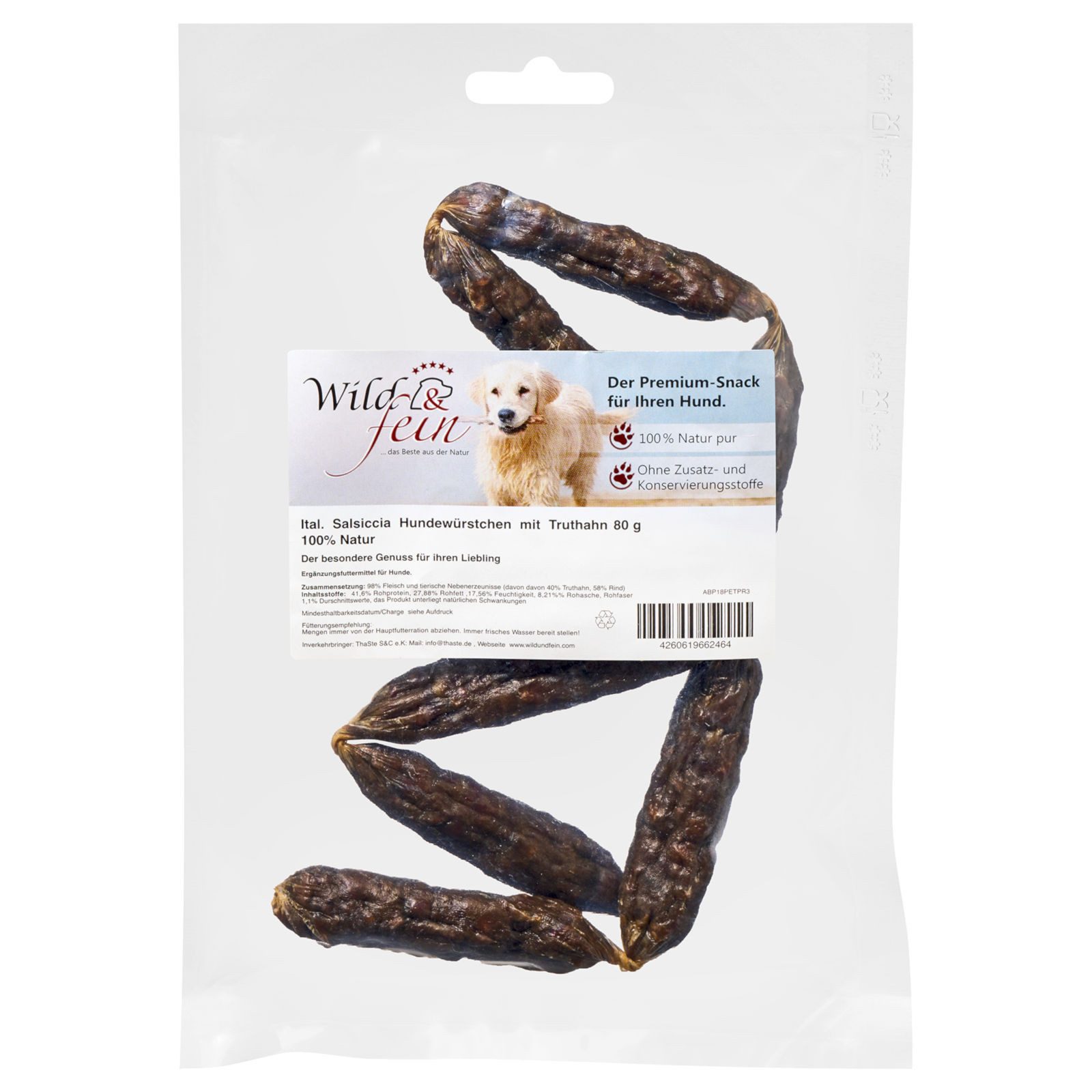 Wild & Fein italienische Salsiccia Hundewürstchen mit Truthahn, 80 g, Snack für: Hund