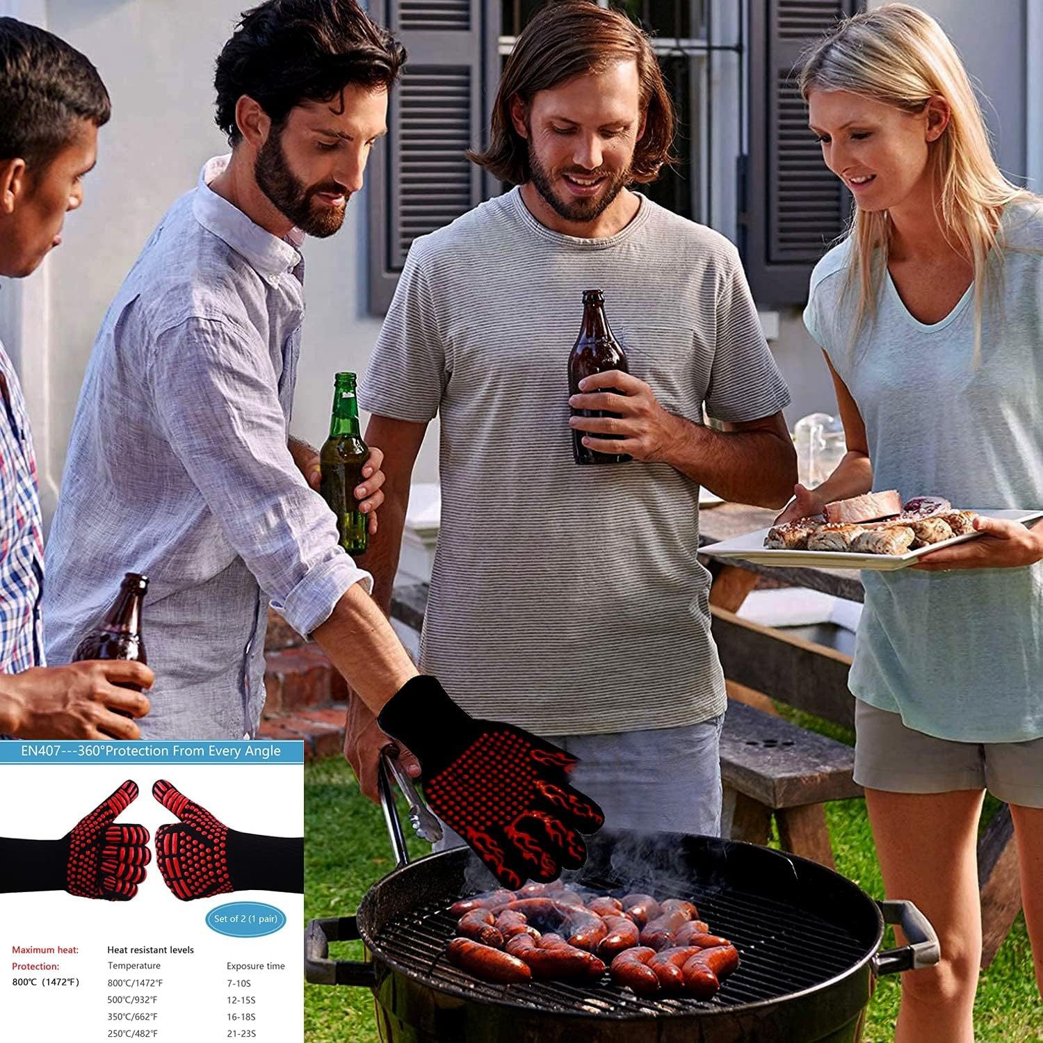 JATrade Grillhandschuhe hitzebeständig mit Grillthermometer & Marinierpinsel Grill Dutch Oven, (1 Paar Grillhandschuhe, 1 Grillthermometer, 1 Marinierpinsel), Ideal auch für Backofen, Kamin, Smoker und als Geschenk!