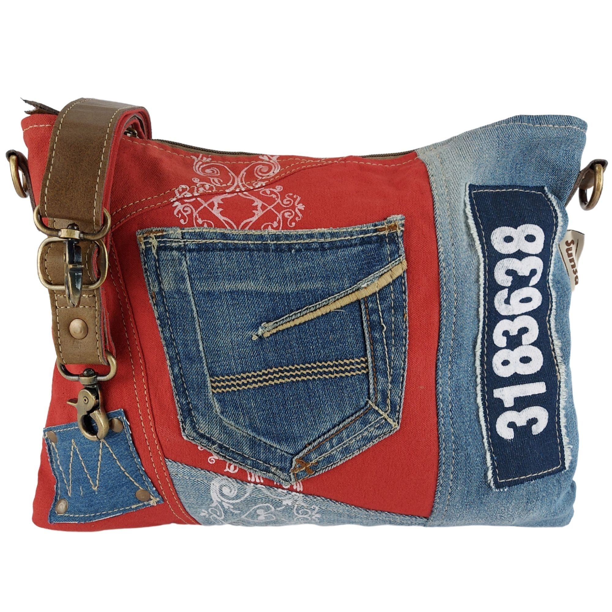 Sunsa Umhängetasche Umhängetasche aus recycelte Jeans und rote Canvas. Crossbody Tasche, Vintage Still aus Used Jeans Hose