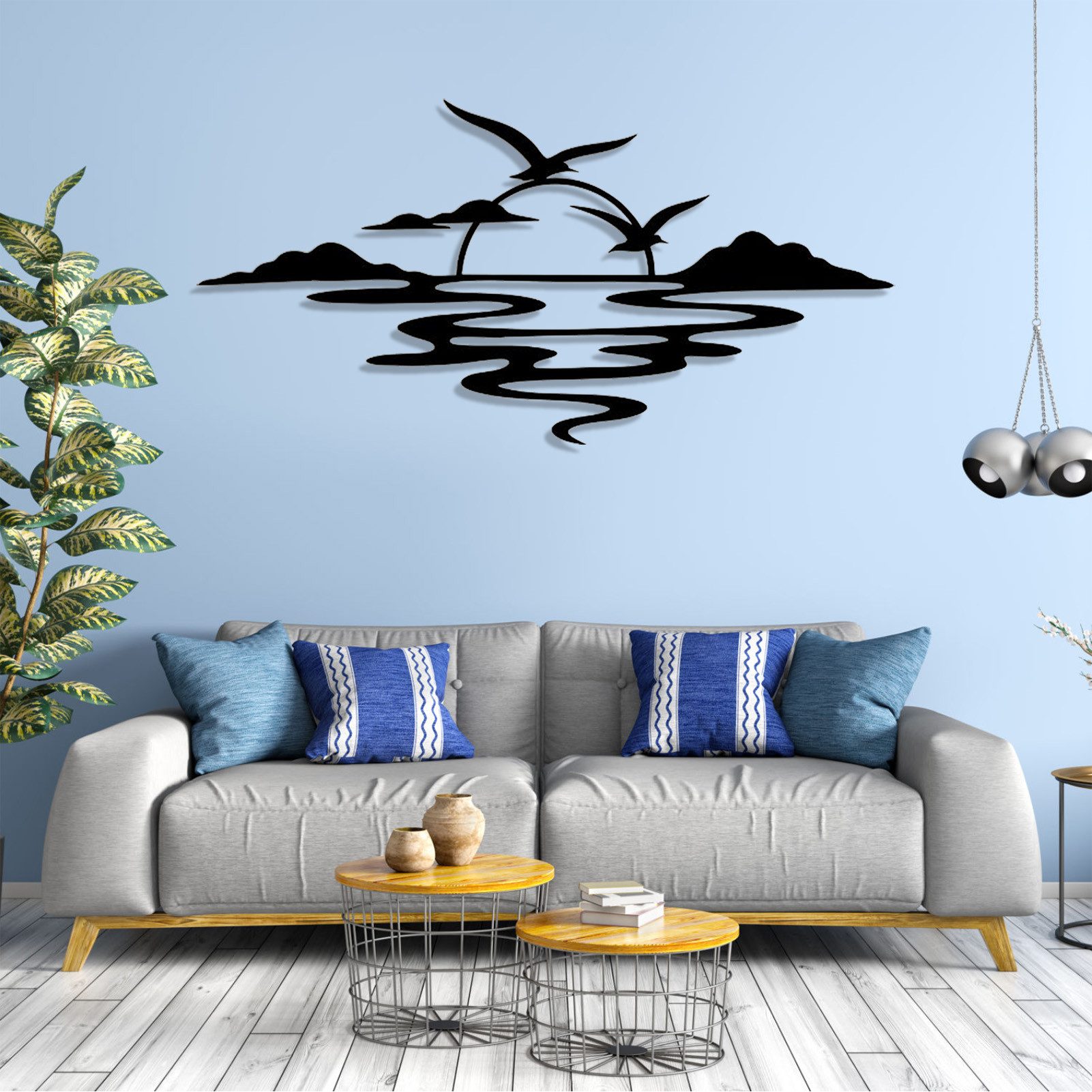 Jumpeak Wanddekoobjekt Wanddeko„Vögel und Sonnenuntergang“,Naturstimmung,Landschaftskunst, Metall,4 Farben,5 Maße,Silhouetten von Bergketten,Minimalistische