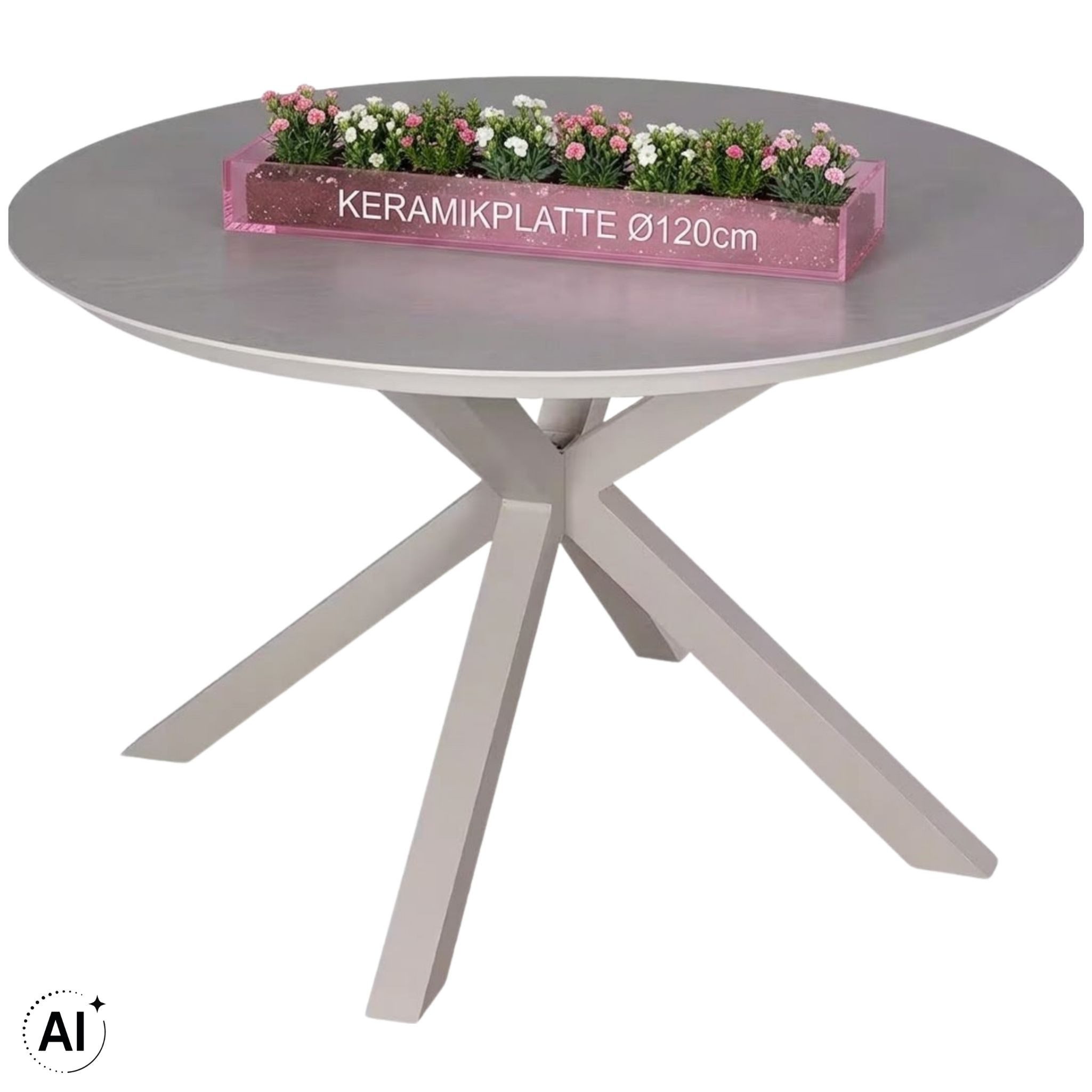 MR.DEKO Gartentisch rund Malaga Ø 120cm wetterfest Aluminium Keramik in Ivory (Mit X-Gestell & Keramik-Tischplatte – stilvoller Esstisch für Outdoor, 1-St), Wetterfest & modern – Tisch Höhe anpassbar, pflegeleicht