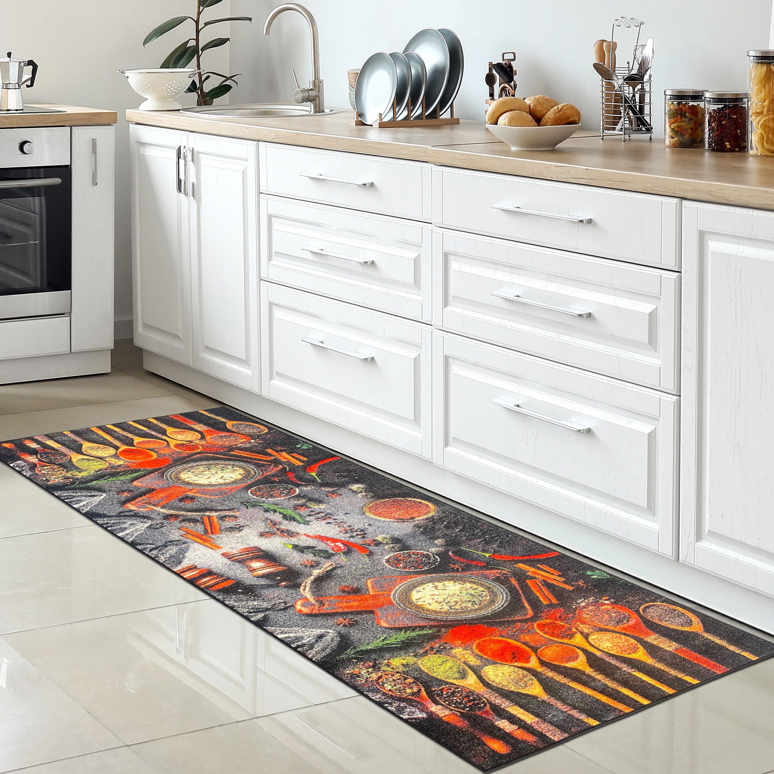 Carpetia Teppich Küchenläufer mit Gelrücken waschbar Kochlöffel und bunten Gewürzen, rechteckig, Höhe: 5 mm