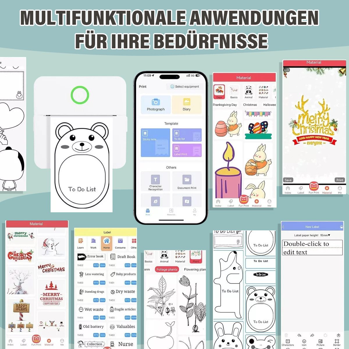 MOPUEA Thermodrucker Mini-Multifunktionsdrucker Bluetooth Etikettendrucker Etikettendrucker, (1 x Mini-Drucker, 13 Rollen Aufkleber, 6 farbige Marker)