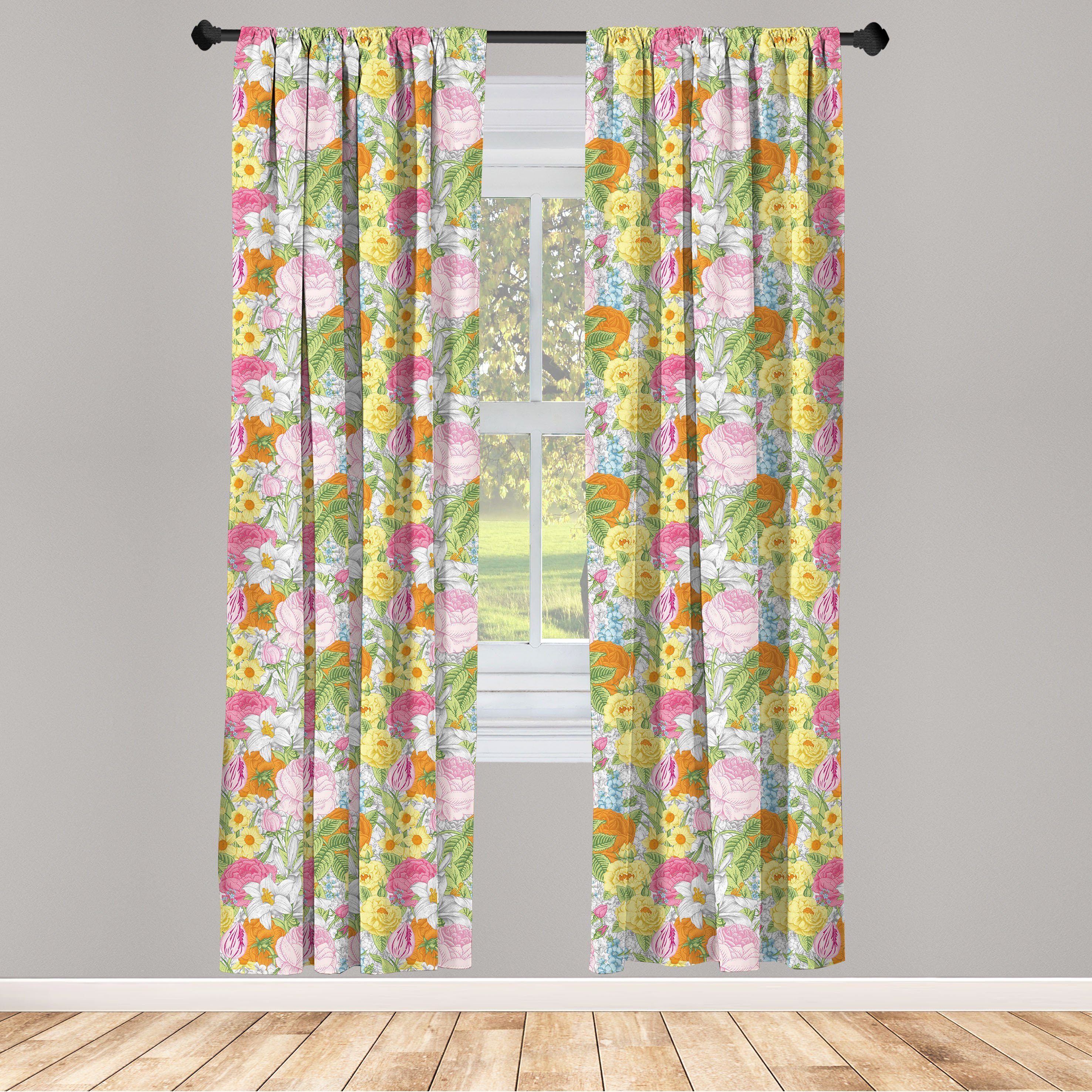 Gardine Vorhang für Wohnzimmer Schlafzimmer Dekor, Abakuhaus, Microfaser, Frühling Vintage Rose Dahlia Wiese