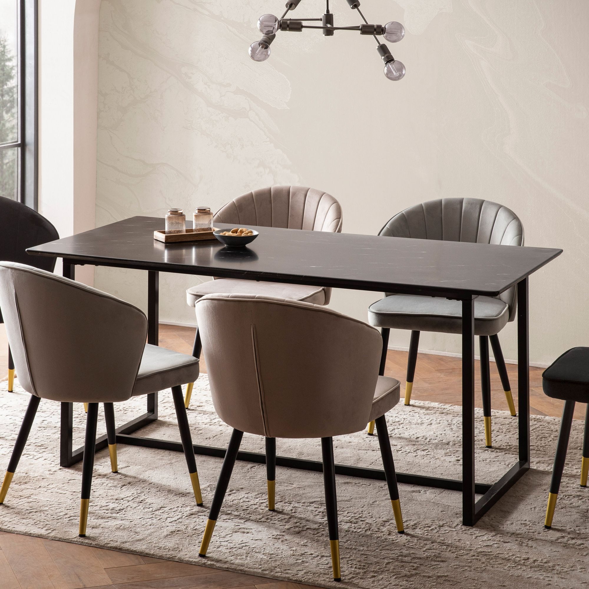 FINEBUY Esstisch FB60685 Esszimmertisch Marmor Optik Schwarz Küchentisch Tisch (Küchentisch Modern, 200x90 cm Marmor Optik Schwarz), Speisetisch Esszimmer, Esszimmertisch Metallbeine