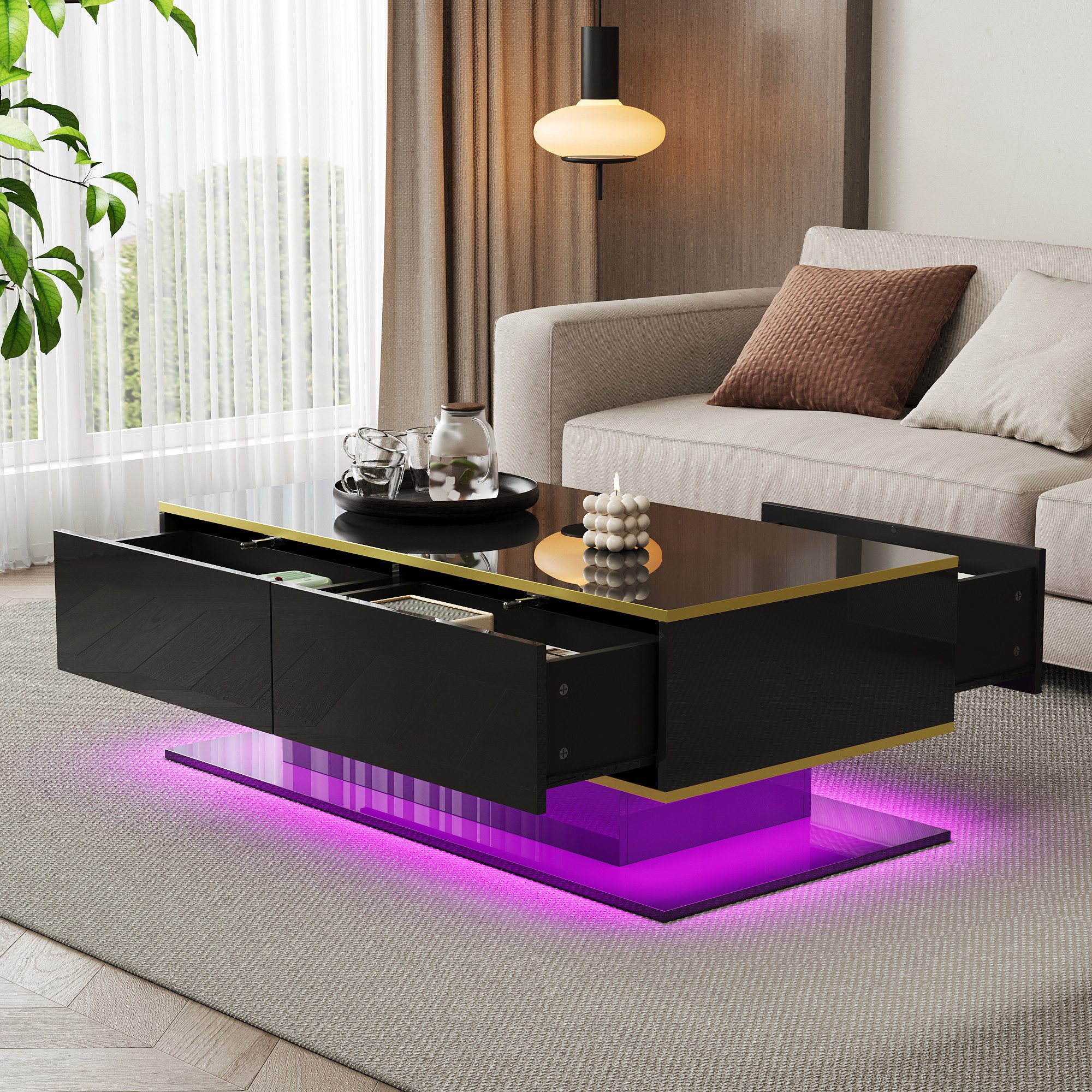 Merax Couchtisch hochglanz Sofatisch Beistelltisch mit LED-Beleuchtung (1-St), Wohnzimmertisch mit 3 Schubladen, Stauraum & Goldakzenten, 100x50x40cm