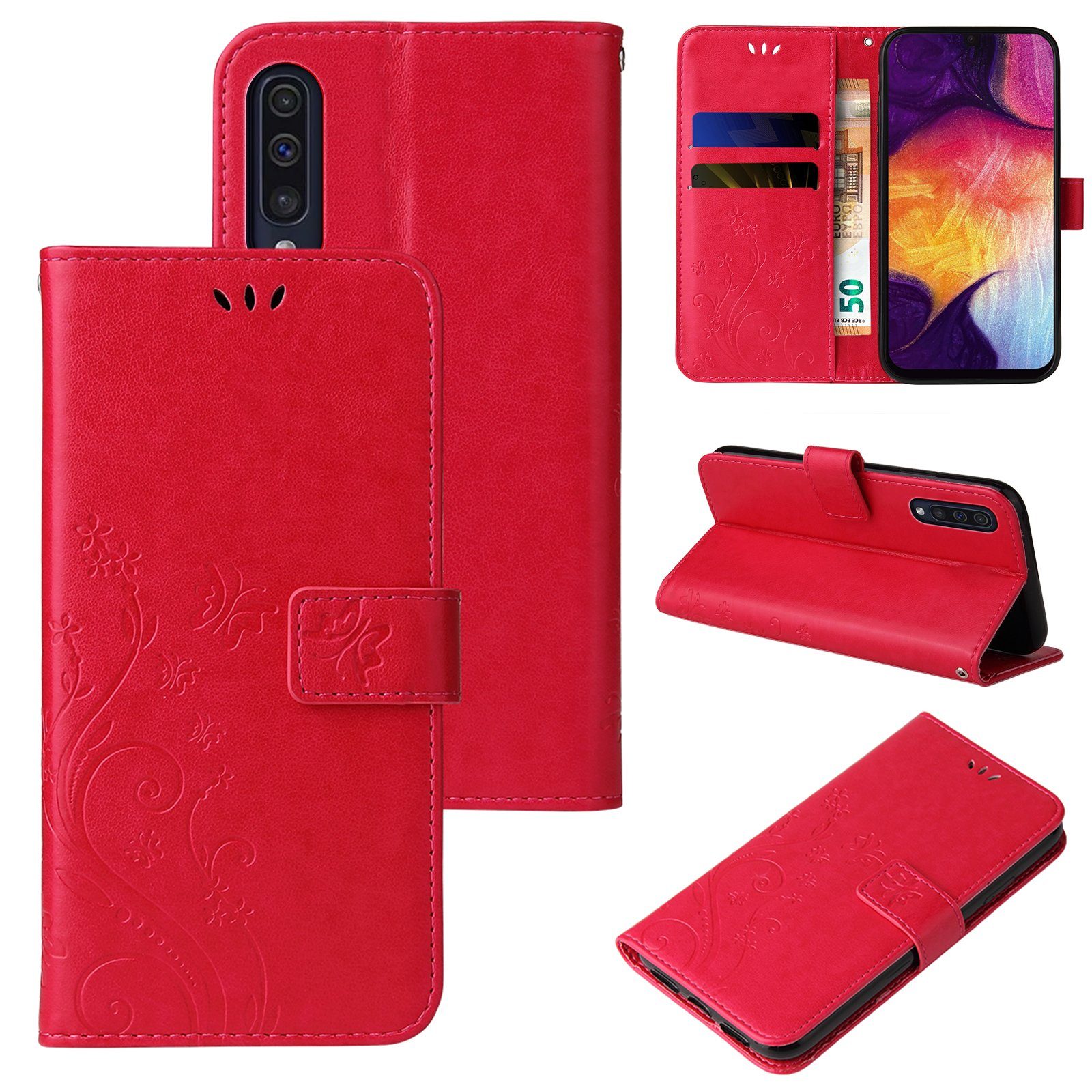 Tec-Expert Handyhülle Cover Tasche Hülle für Samsung Galaxy A50, A50s, A30s 6,4 Zoll, Klapphülle Case mit Kartenfach Fliphülle aufstellbar, Motiv Blumen