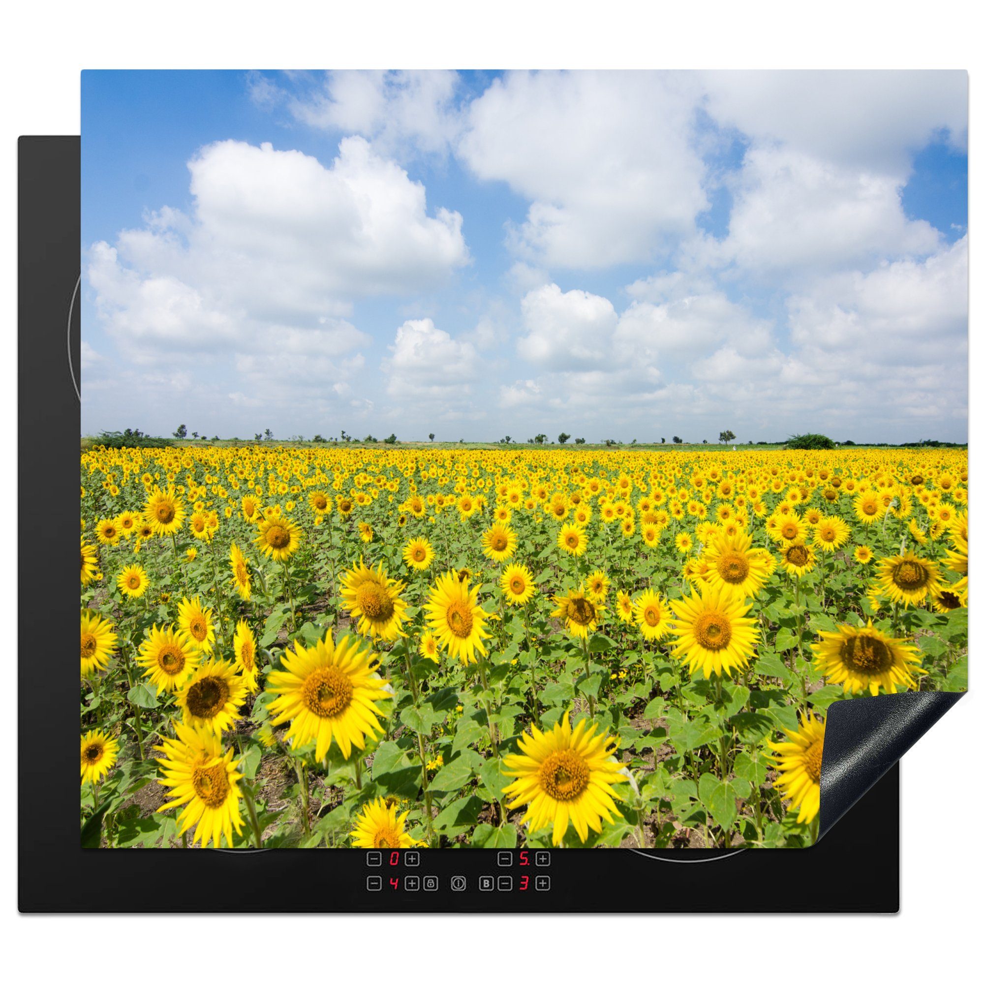 MuchoWow Herdblende-/Abdeckplatte Ceranfeldabdeckung Induktionskochfeld, Sonnenblumen Landschaft, cm, - - - Vinyl, (1 - tlg), Natur Gelb - Wolken Induktionsschutz, Blumen 59x51