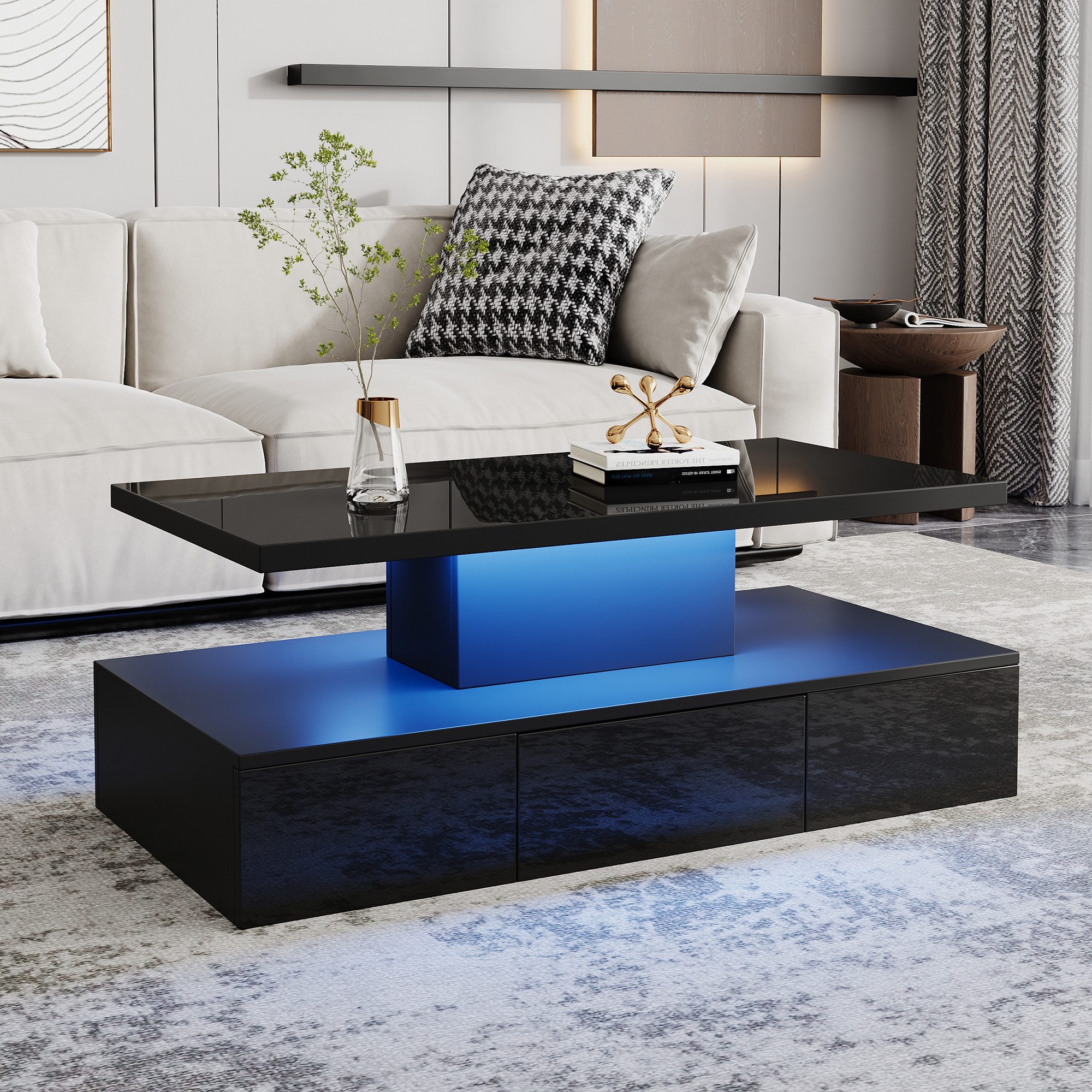 STILVORA Couchtisch schwarz Zweistufiger,Hochglanz-Wohnzimmertisch mit LED-Licht (Satztisch, 1-St., offenem Ausstellungsregal, 1 Schublade), mit 16-farbigem LED-Licht, Hochglanz Beistelltisch