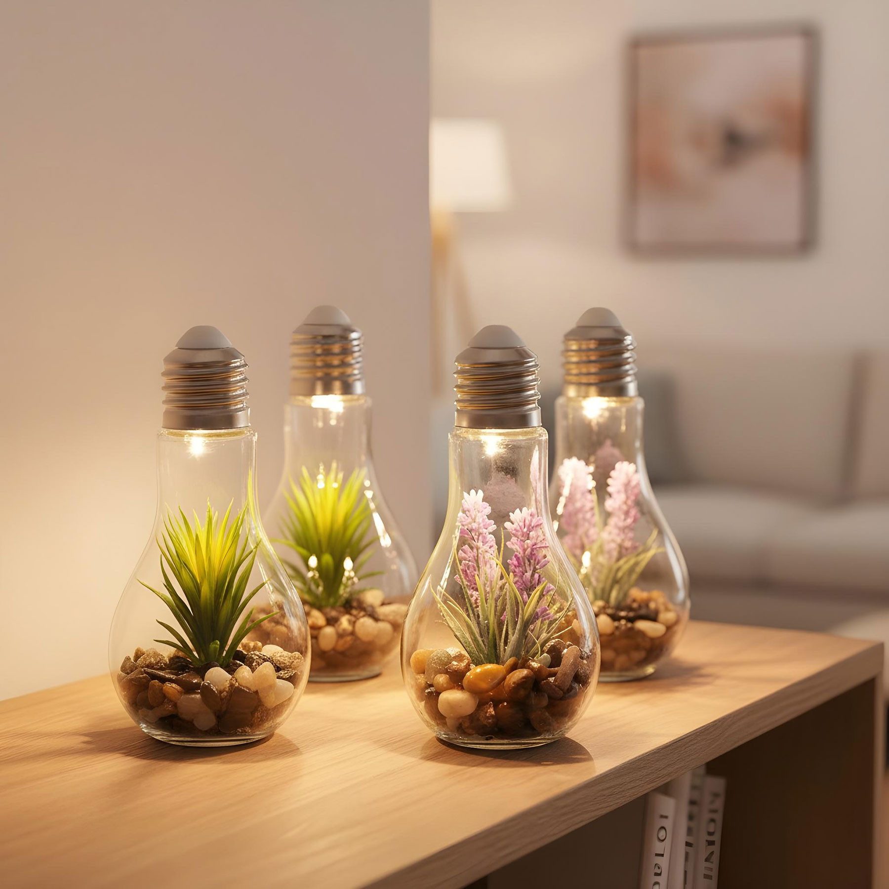 Levandeo® LED Dekoobjekt, 4er Set Sukkulenten Glühbirne Glas je B x H 8 x 19cm Deko LED Lampe