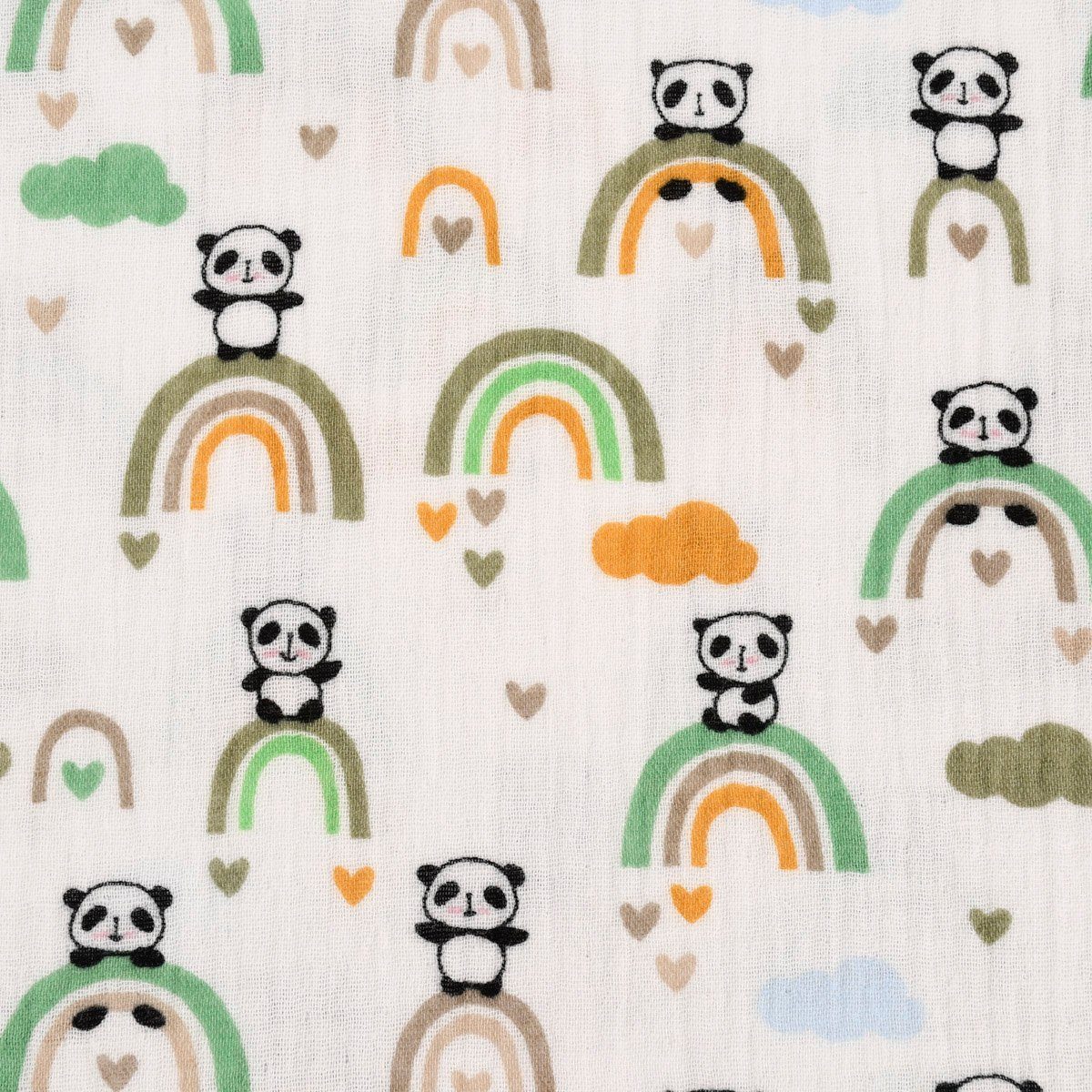 SCHÖNER LEBEN. Stoff Double Gauze glatt Regenbogen Panda Wolken weiß grün ocker blau 1,30m
