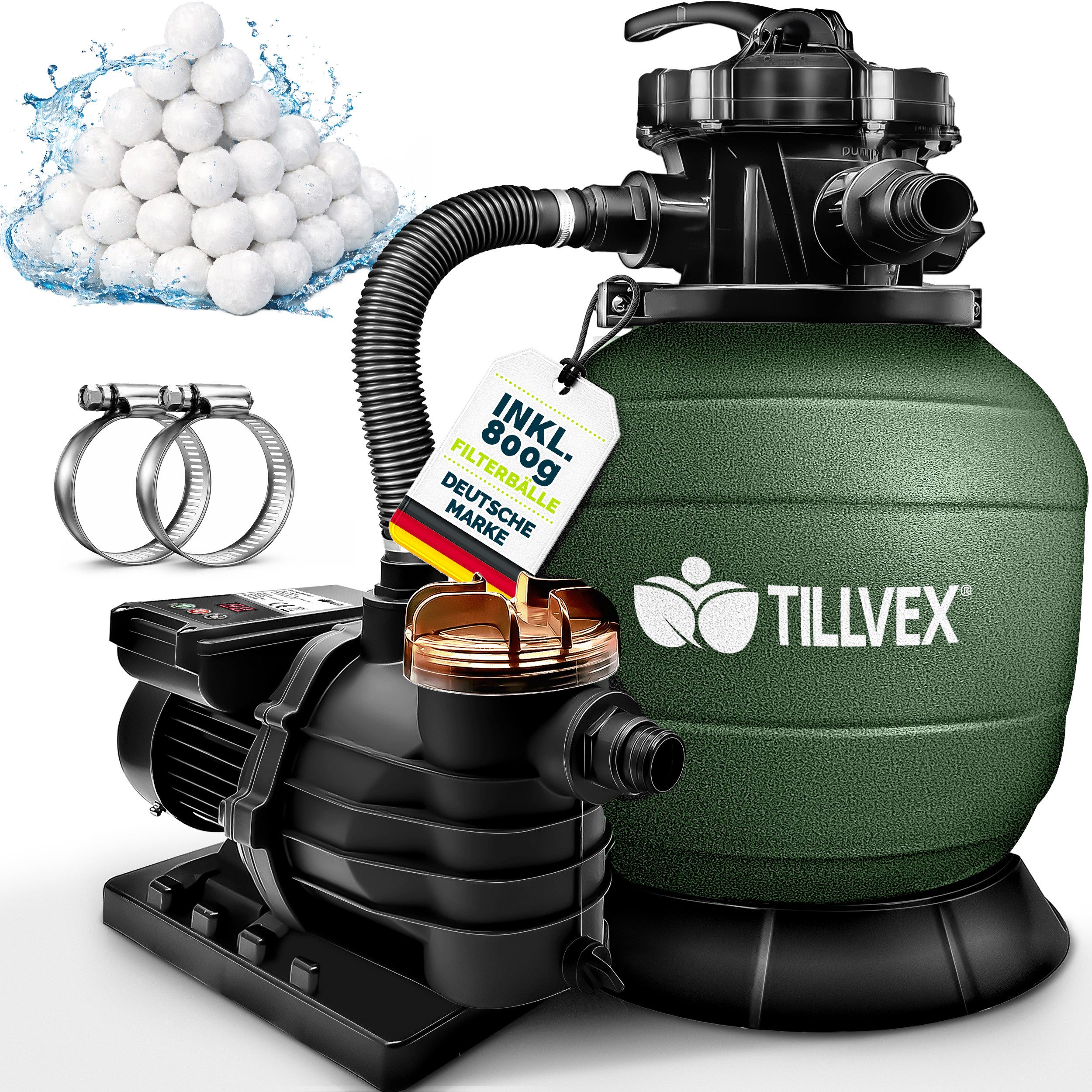 tillvex Sandfilteranlage 10 m³/h Filteranlage + 800g Filterbälle 7-Wege Ventil Poolfilter, Filterkessel mit Druckanzeige Sandfilter für Pool und Schwimmbecken