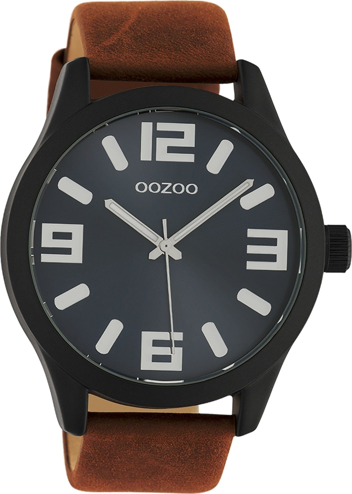 OOZOO Quarzuhr Oozoo unisex Armbanduhr dunkelblau, Damen, Herrenuhr rund, extra groß (ca 47mm) Lederarmband, Casual-Style