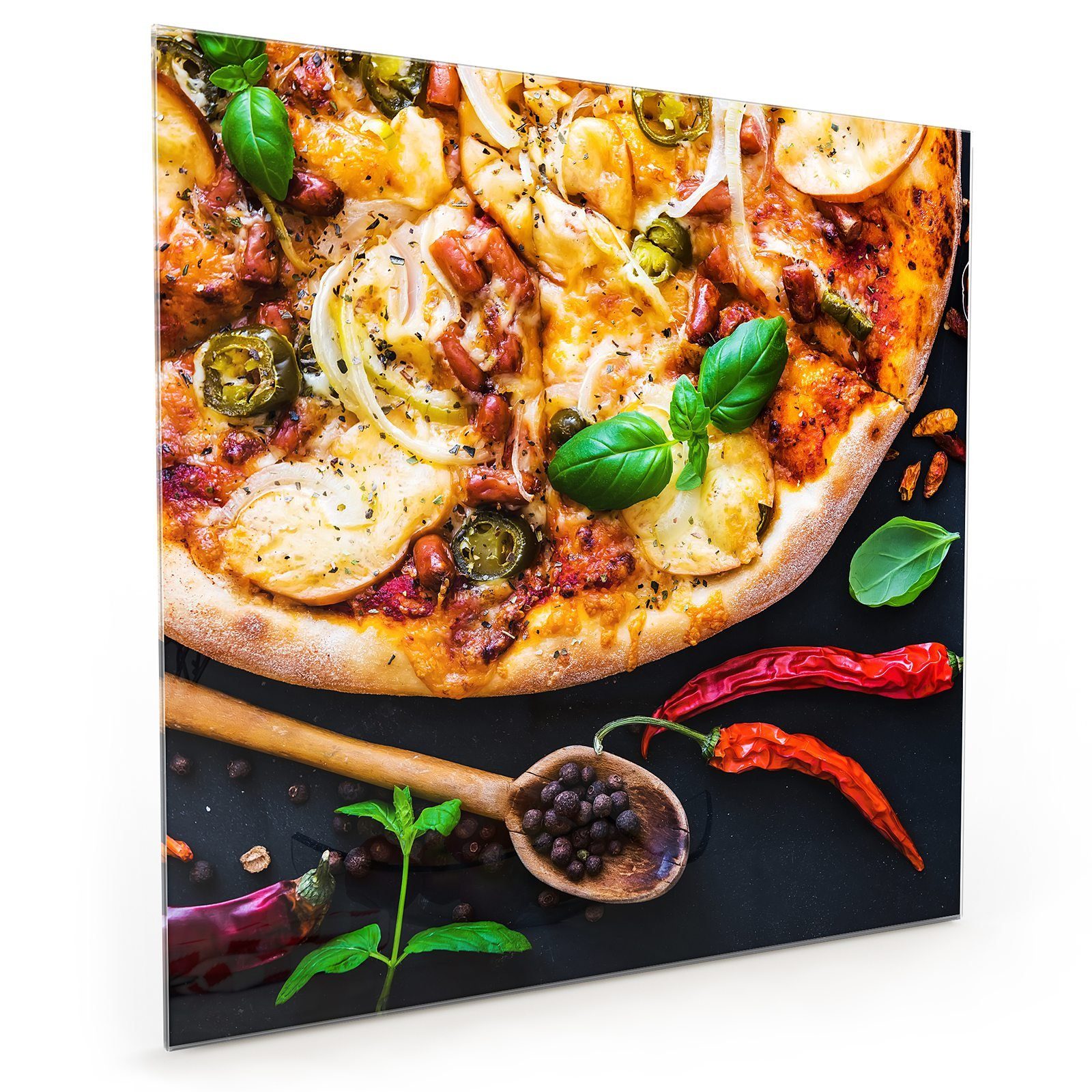 Primedeco Küchenrückwand Küchenrückwand Spritzschutz Glas mit Motiv Pizza und Chili