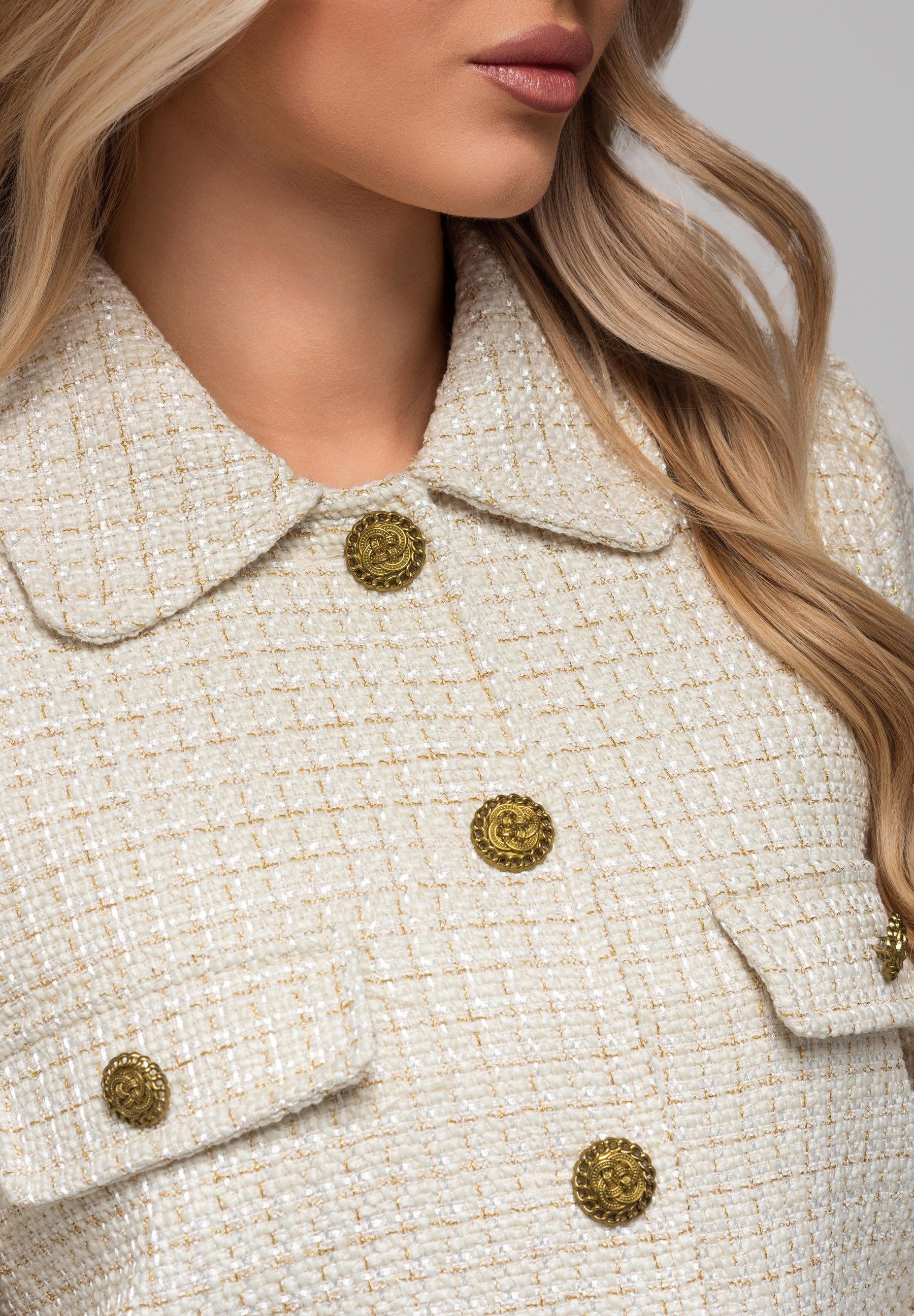 OMBRE Bouclèjacke Kurze Tweedjacke mit goldfarbenen Knöpfen und Klappentasc günstig online kaufen