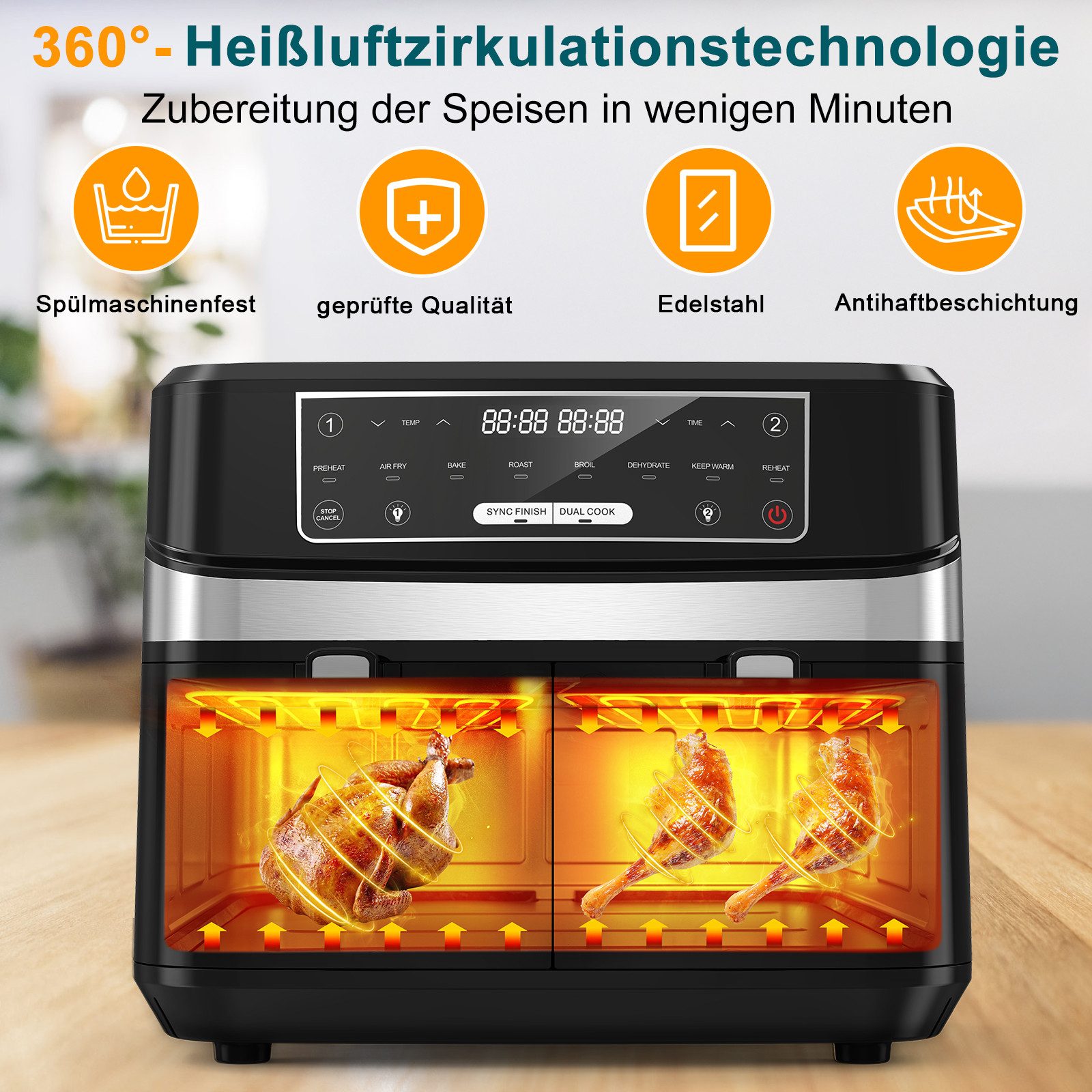 Fofile Heißluftfritteuse, 2600 W, Intelligenten Sprachwarnsystem, Timer-Funktion, Einfache Bedienung