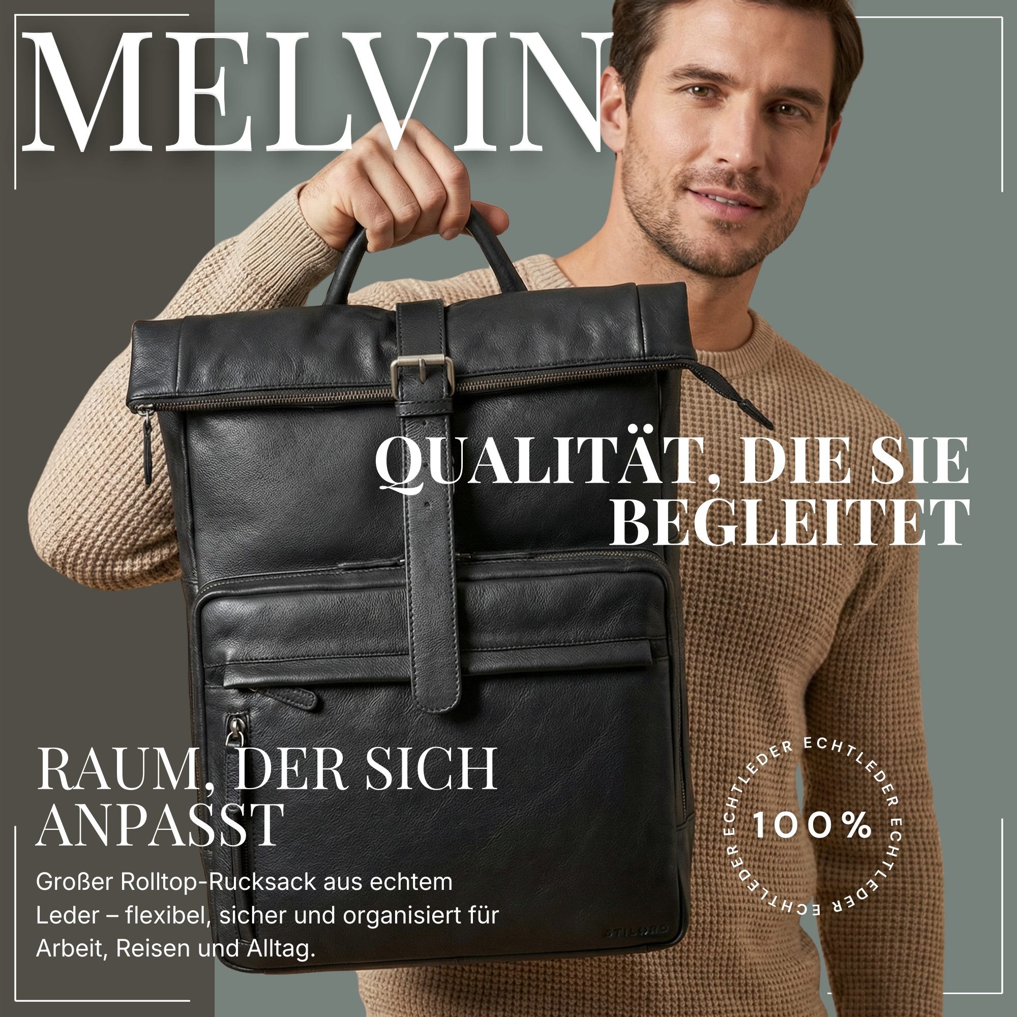 STILORD Notebookrucksack "Melvin" Echtleder Rolltop Rucksack Herren Laptop 16 - 17 Zoll