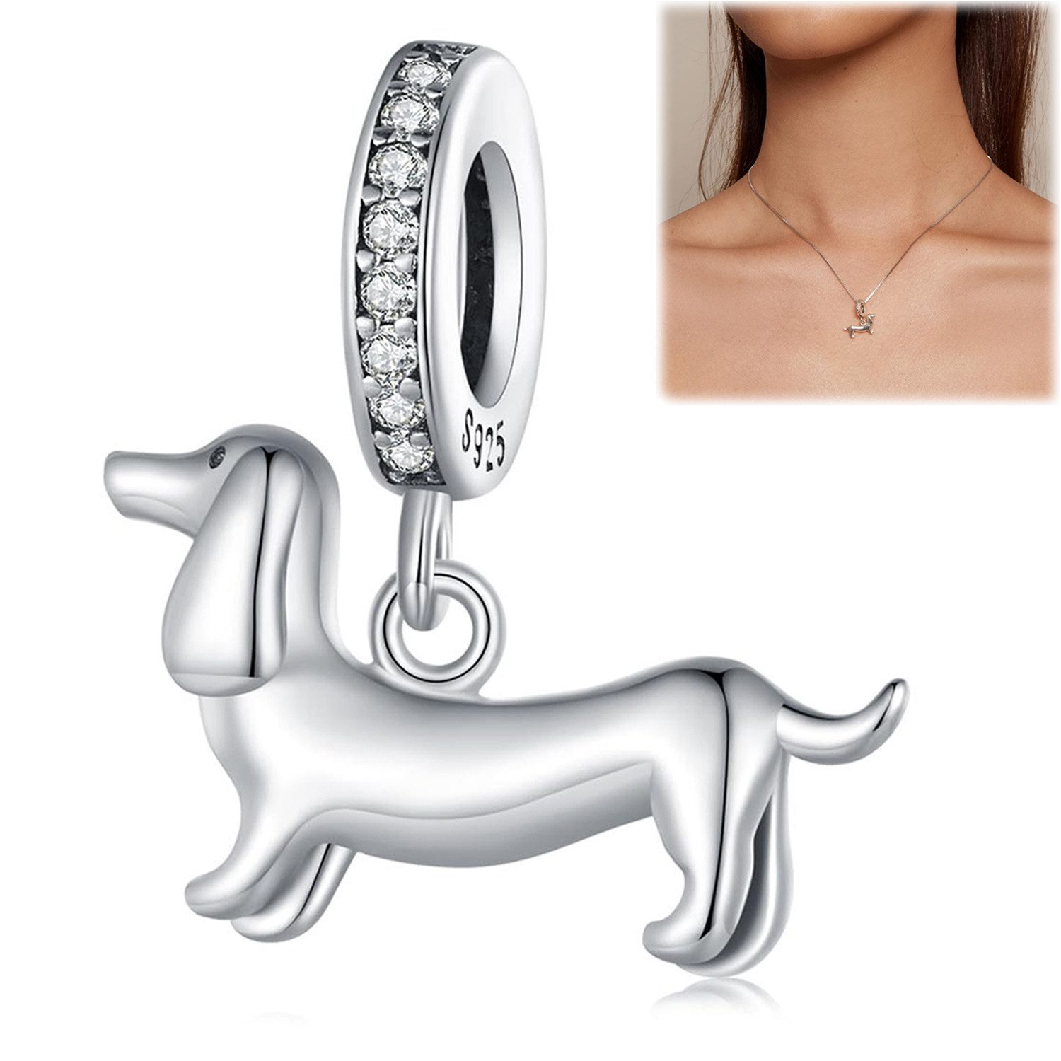 MOPUEA Bead Dackel-Hund Bead Charmsanhänger DIY-Anhänger 925 Sterling Silber (Schmuck Geschenk für Damen Perlen für Gliederarmband und Halskette, 1-tlg., 5A Zirkonia Charm Anhänger Pendant für Europäische Armband Halskette), aus 925er Sterlingsilber Nickelfrei, bleifrei, hypoallergen