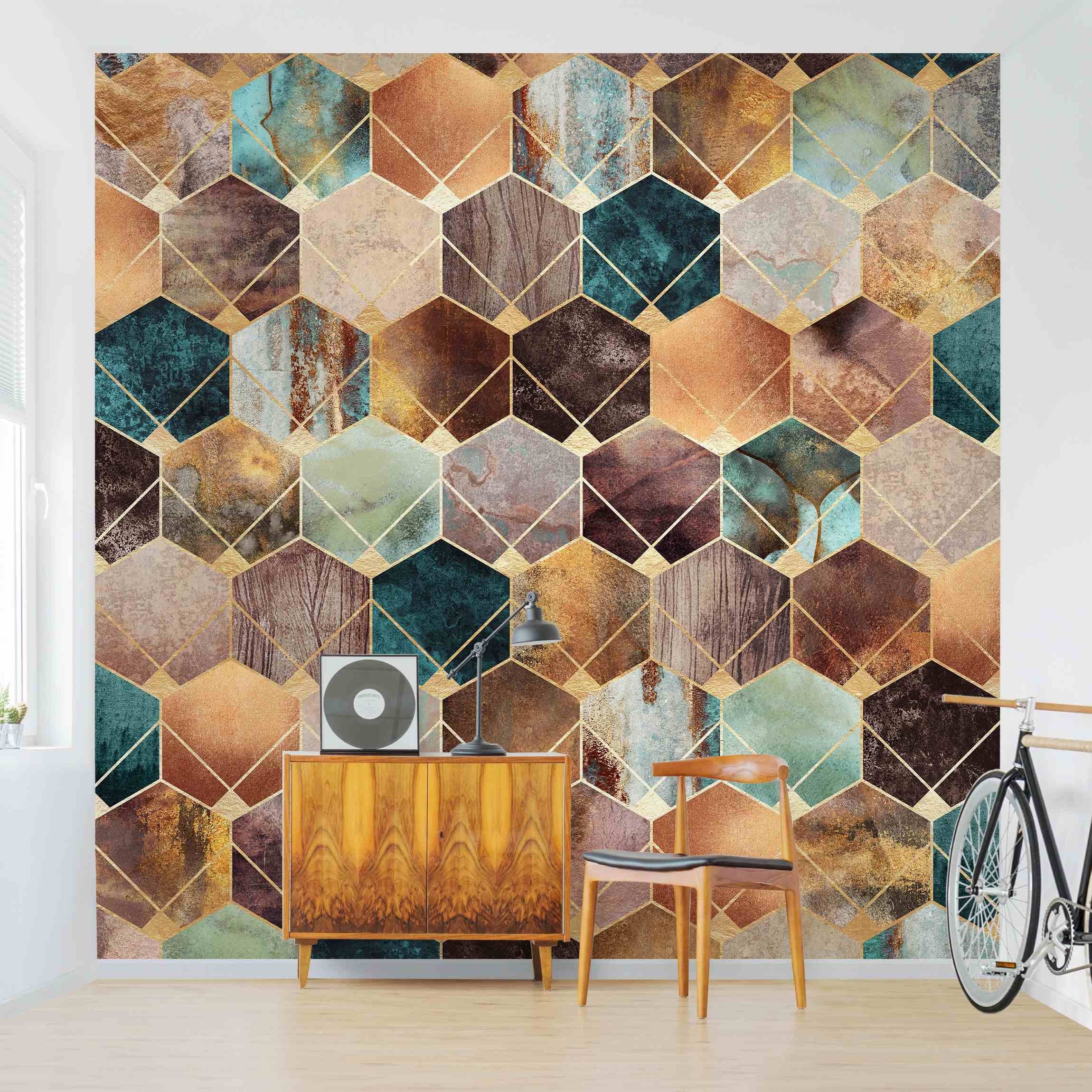 Bilderdepot24 Vliestapete Abstrakt Türkise Geometrie goldenes Art Deco Tapete Wanddeko Modern, Glatt, Matt, (Vliestapete inkl. Kleister oder selbstklebend), Wohnzimmer Schlafzimmer Küche Flur Fototapete Motivtapete Wandtapete