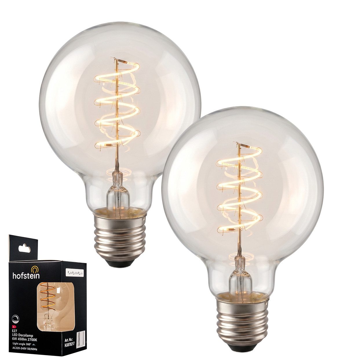 hofstein LED-Leuchtmittel 2er Set Glühbirne Warmweiß dimmbar 6 Watt, E27, 2700 Kelvin, 450 Lumen, Globe Vintage, Filament Spirale, Klar