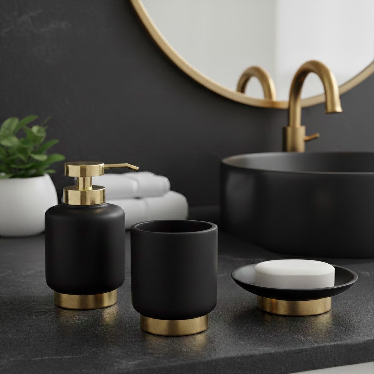 LikeKa Badaccessoire-Set schwarz Matt Gold Seifenspender Toilettenbürste Kosmetikeimer – Bild 2 von 2