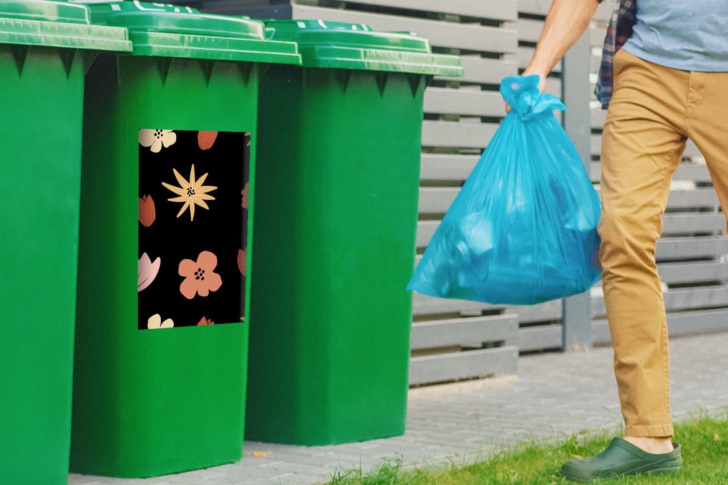 Sticker, Mülltonne, MuchoWow Wandsticker (1 - Container, Mülleimer-aufkleber, Abfalbehälter - Schwarz St), Abstrakt Blumen - Muster