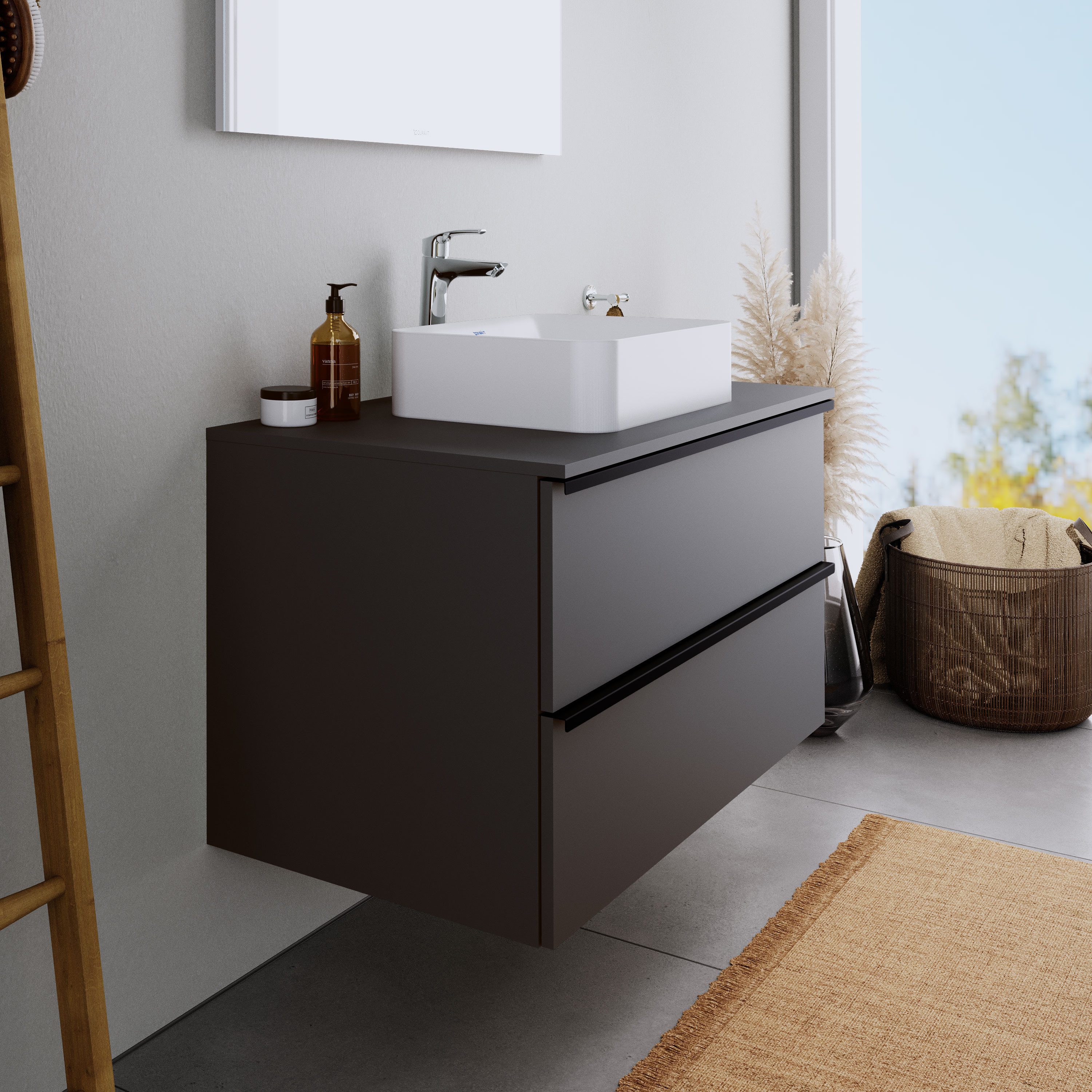 Duravit Waschbeckenunterschrank DuraPoint Graphit matt 100cm Waschtischunterschrank für Aufsatzbecken 2 Auszüge Griffleiste schwarz
